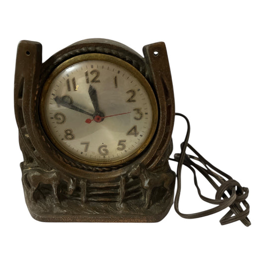 Vintage Horseshoe Western Electric Clock Cast Metal 6x6 Rustic Cabin Decor Not Working