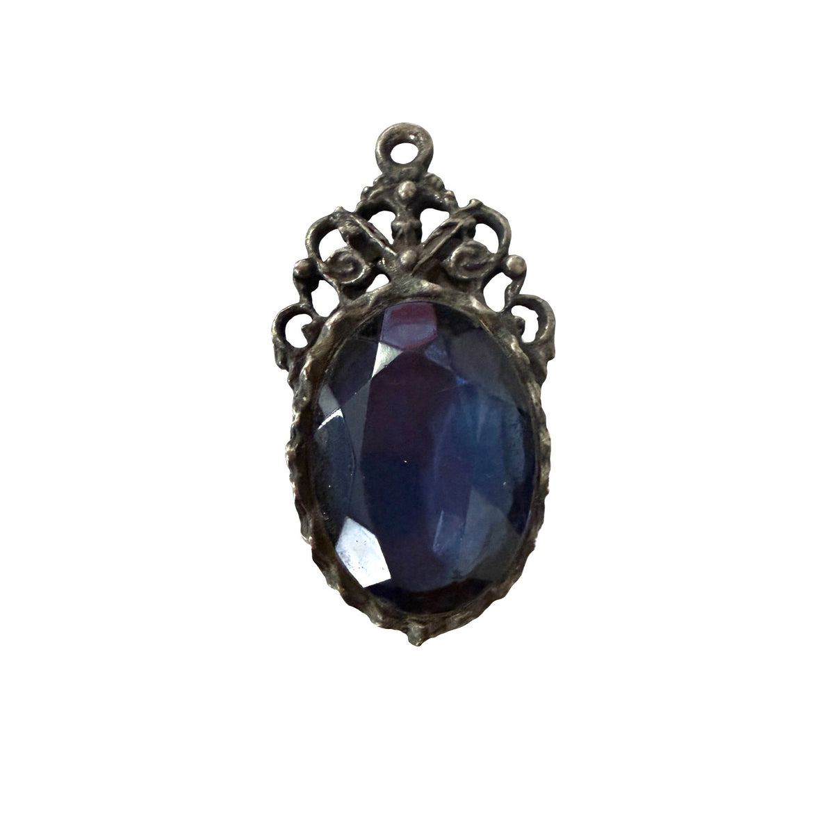 Vintage Style Gothic Blue Faceted Glass Pendant Ornate Antiqued Silver Tone