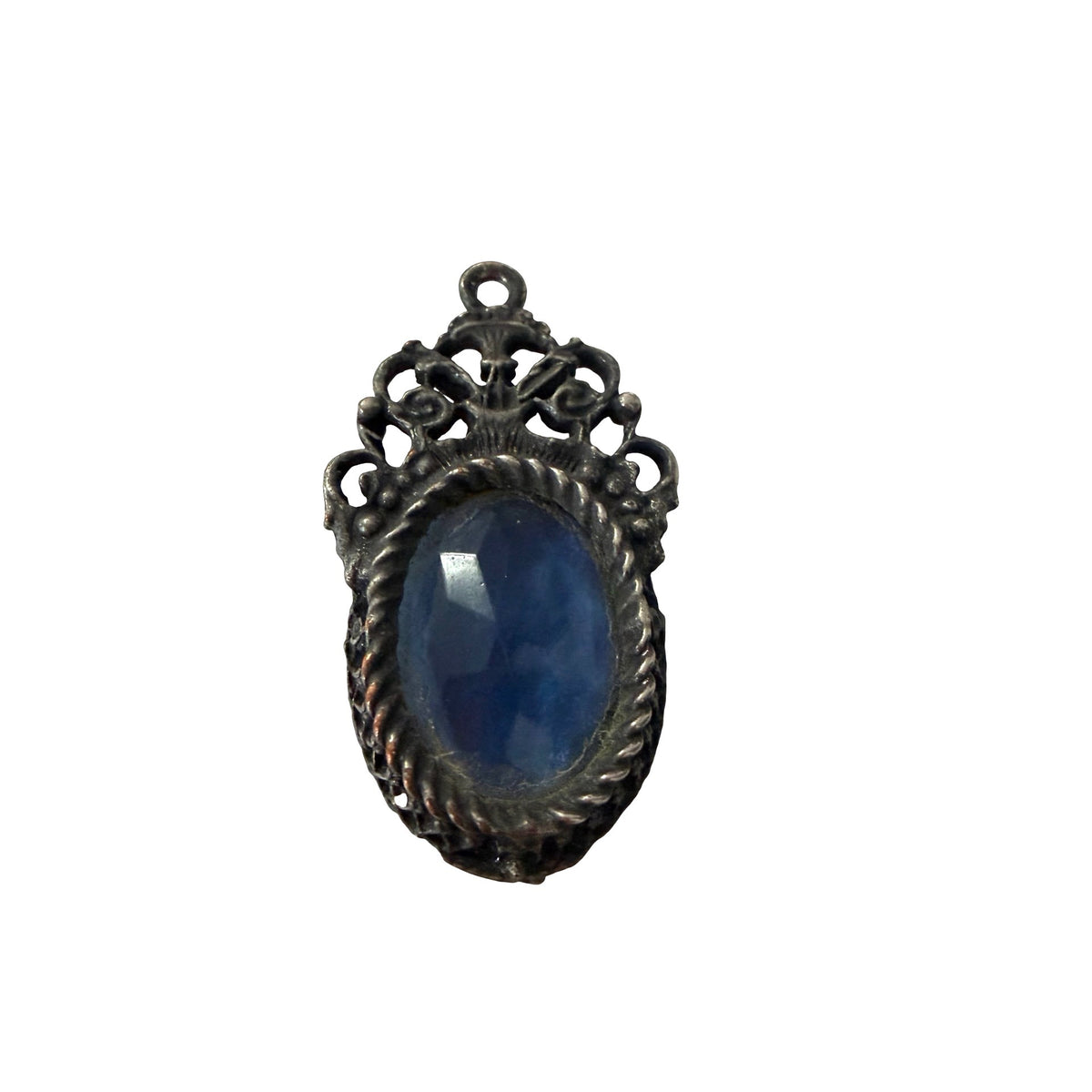 Vintage Style Gothic Blue Faceted Glass Pendant Ornate Antiqued Silver Tone