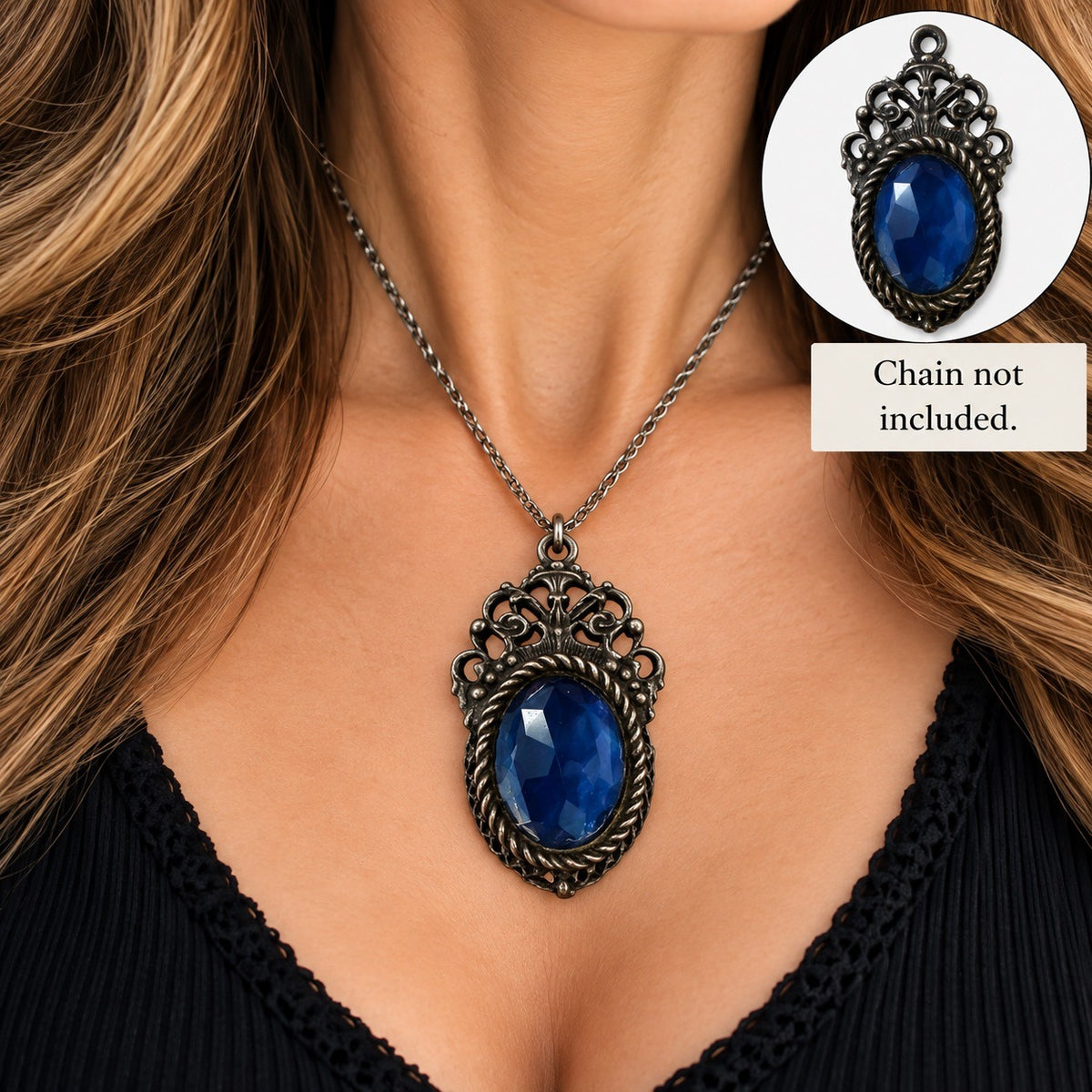Vintage Style Gothic Blue Faceted Glass Pendant Ornate Antiqued Silver Tone