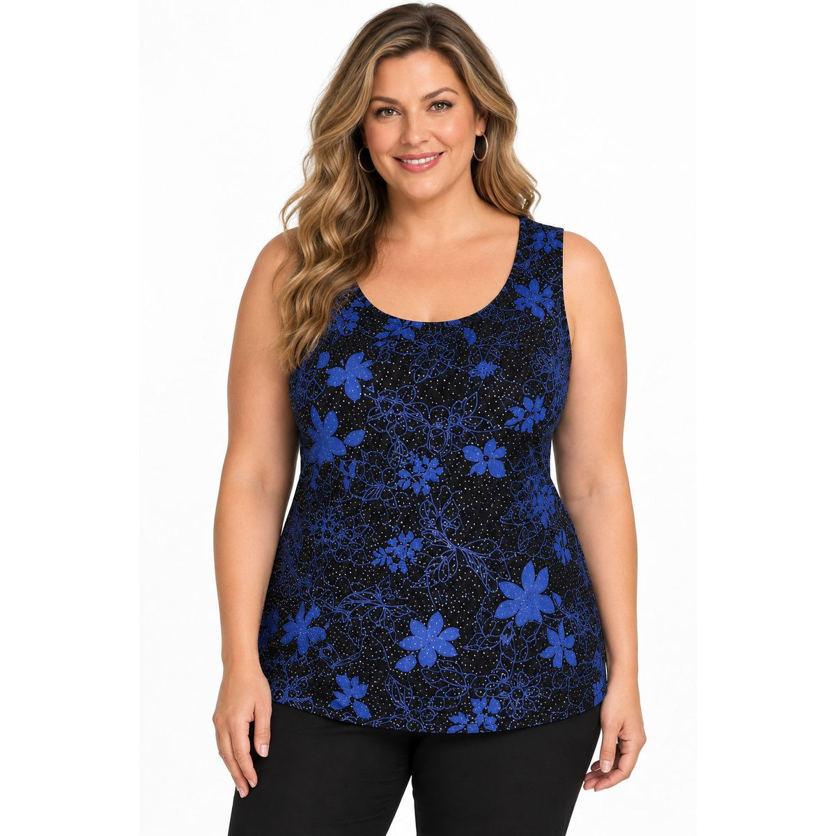 Xscape Woman Black Blue Floral Sparkle Sleeveless Top Plus Size 1X