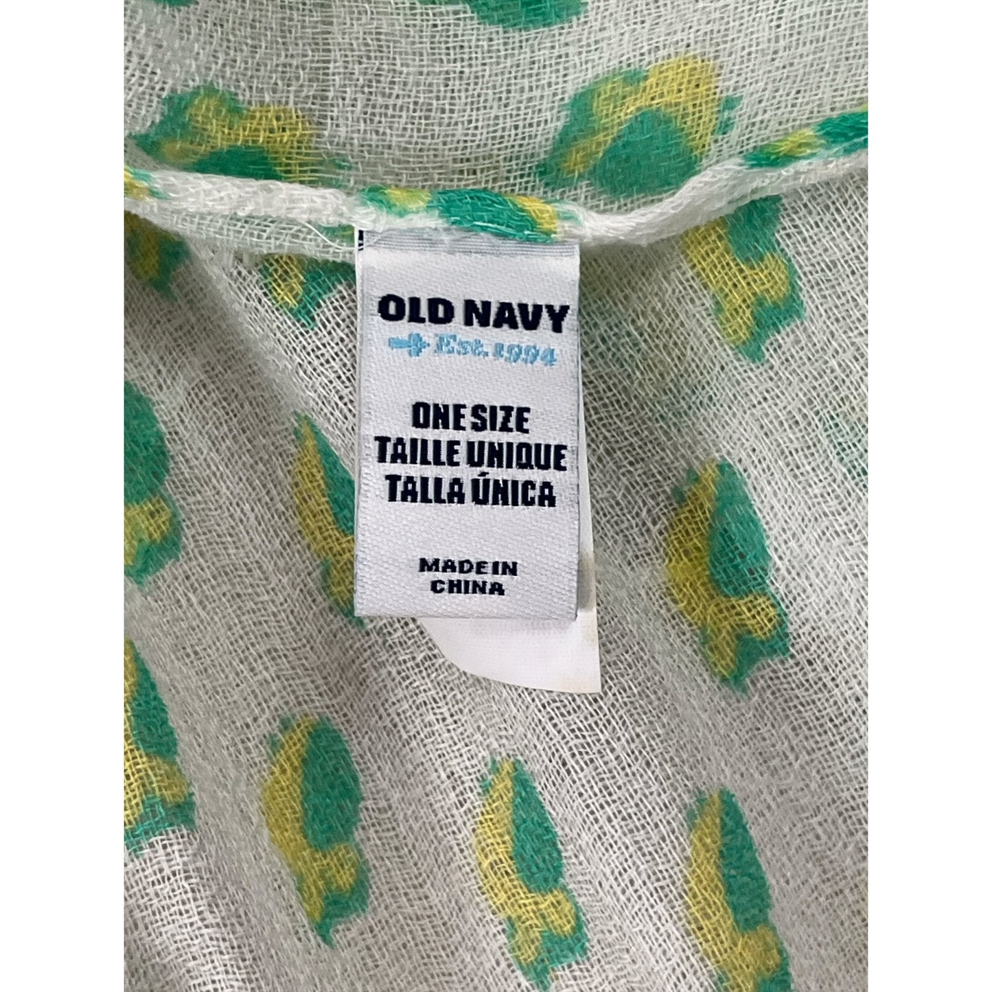 Old Navy Owl Linear Scarf White Multi Green Yellow Fringed Acrylic 2012
