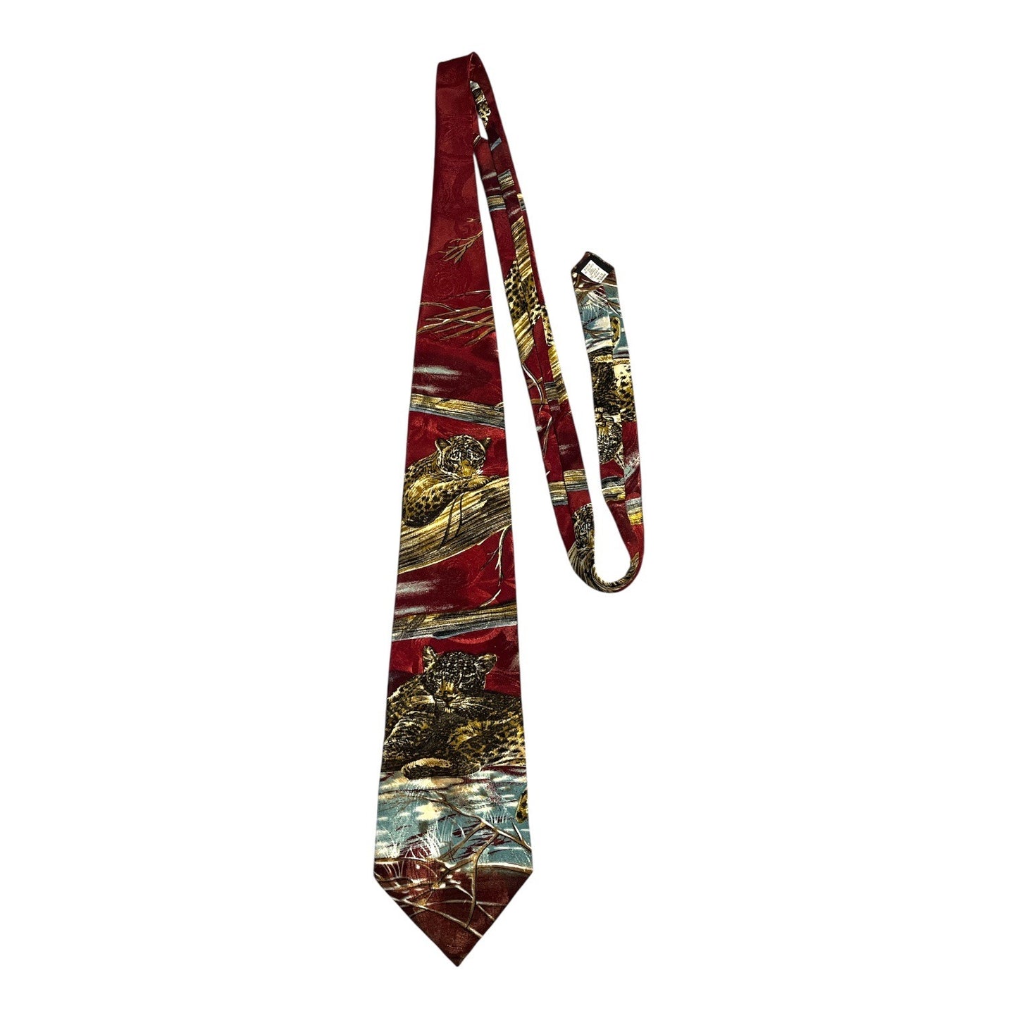 Vtg Reed & James Leopard Print Necktie Burgundy Wildlife Animal Tie USA