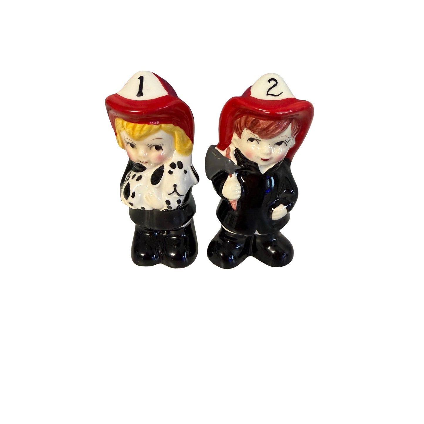 Vintage Firefighter Boy Girl Ceramic Salt Pepper Shakers Dalmatian Korea