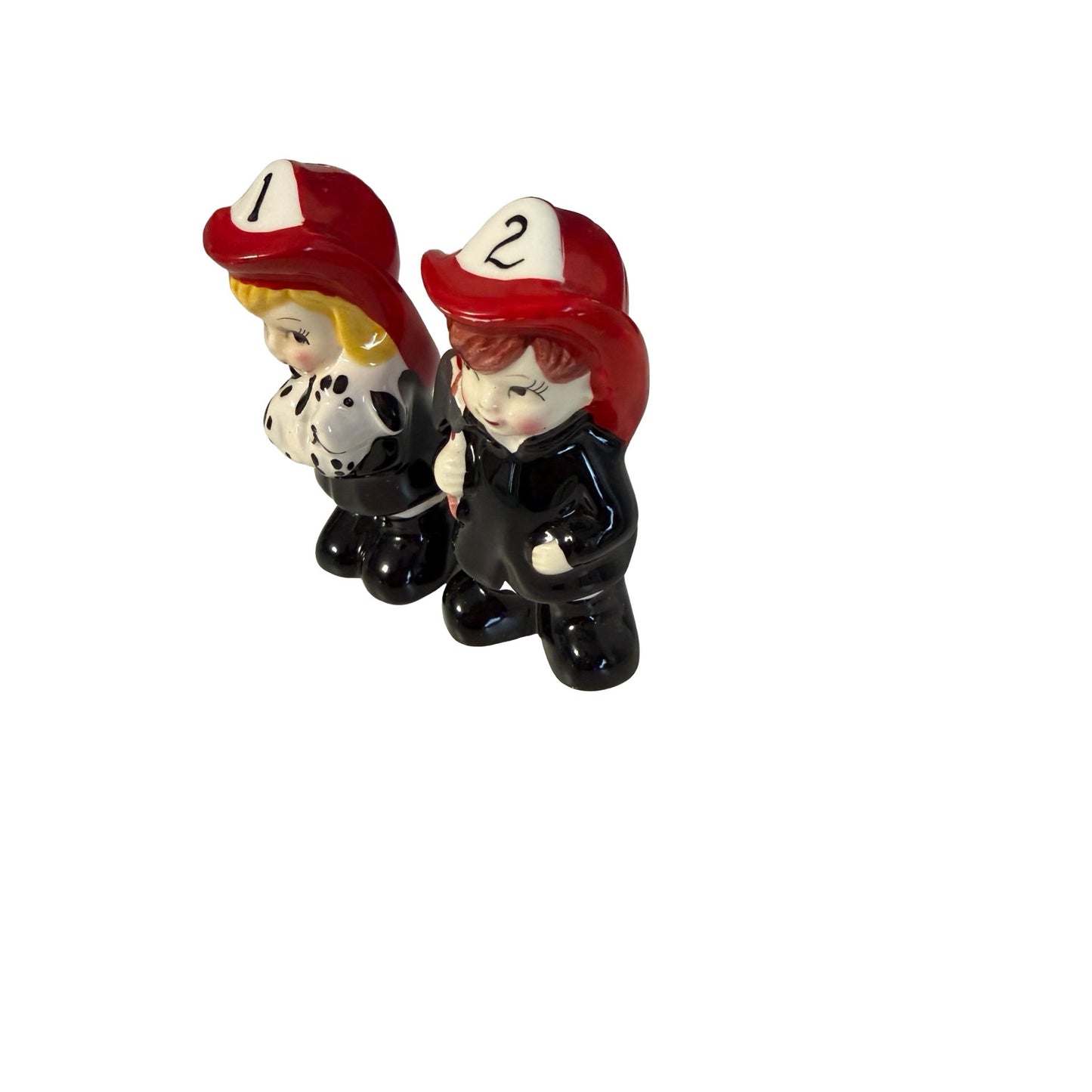 Vintage Firefighter Boy Girl Ceramic Salt Pepper Shakers Dalmatian Korea