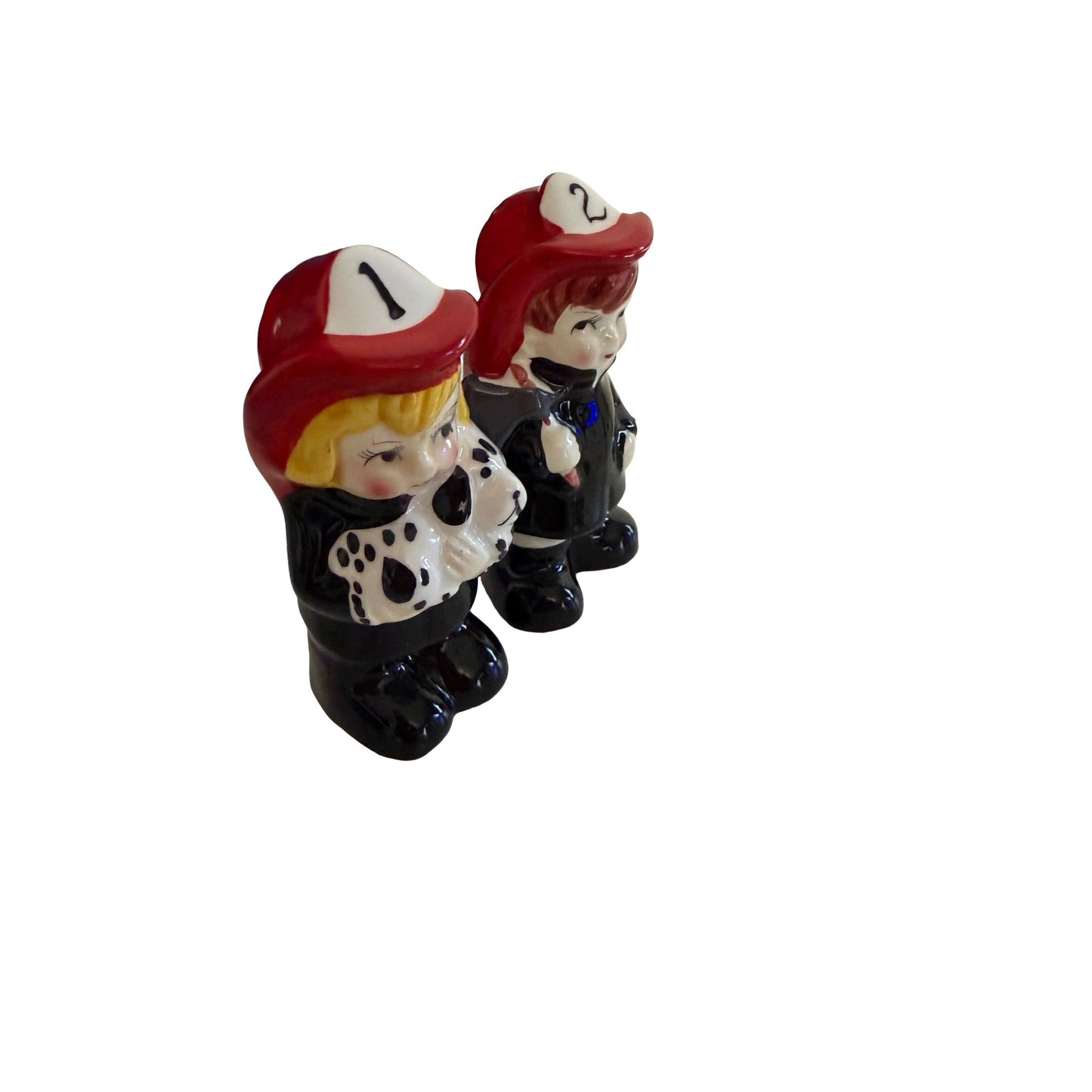 Vintage Firefighter Boy Girl Ceramic Salt Pepper Shakers Dalmatian Korea