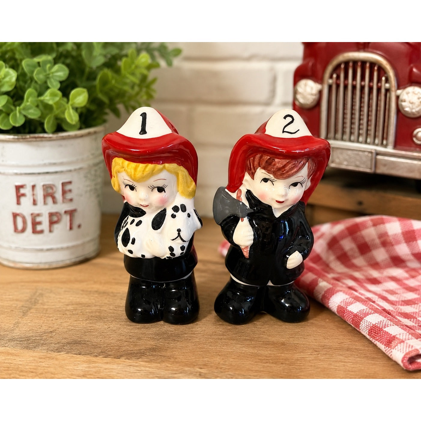 Vintage Firefighter Boy Girl Ceramic Salt Pepper Shakers Dalmatian Korea