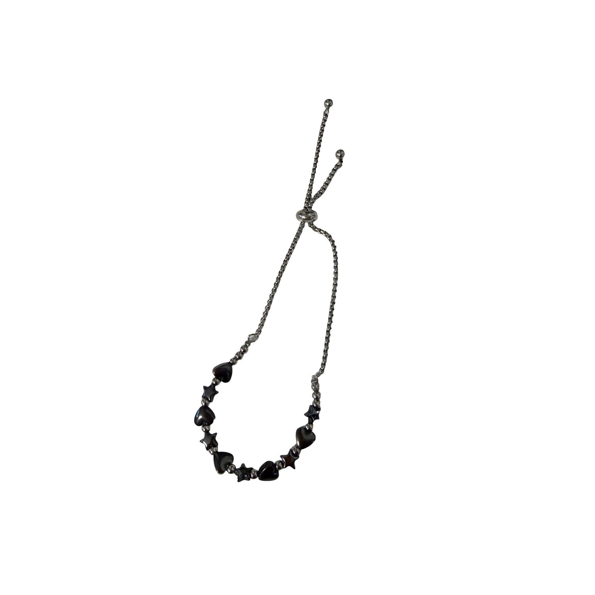 Hematite Heart & Star Beaded Bolo Bracelet Adjustable Gunmetal Silver Tone
