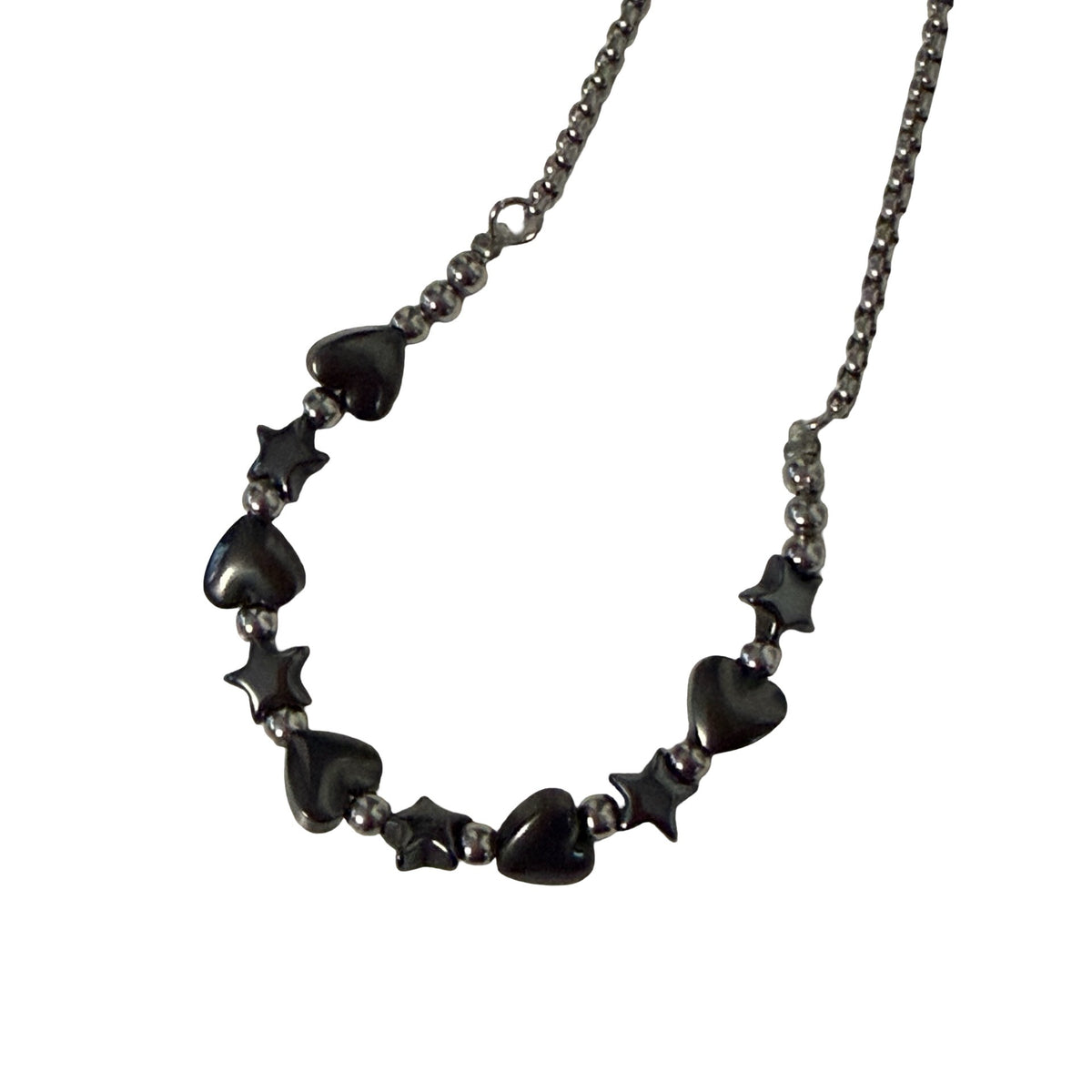 Hematite Heart & Star Beaded Bolo Bracelet Adjustable Gunmetal Silver Tone
