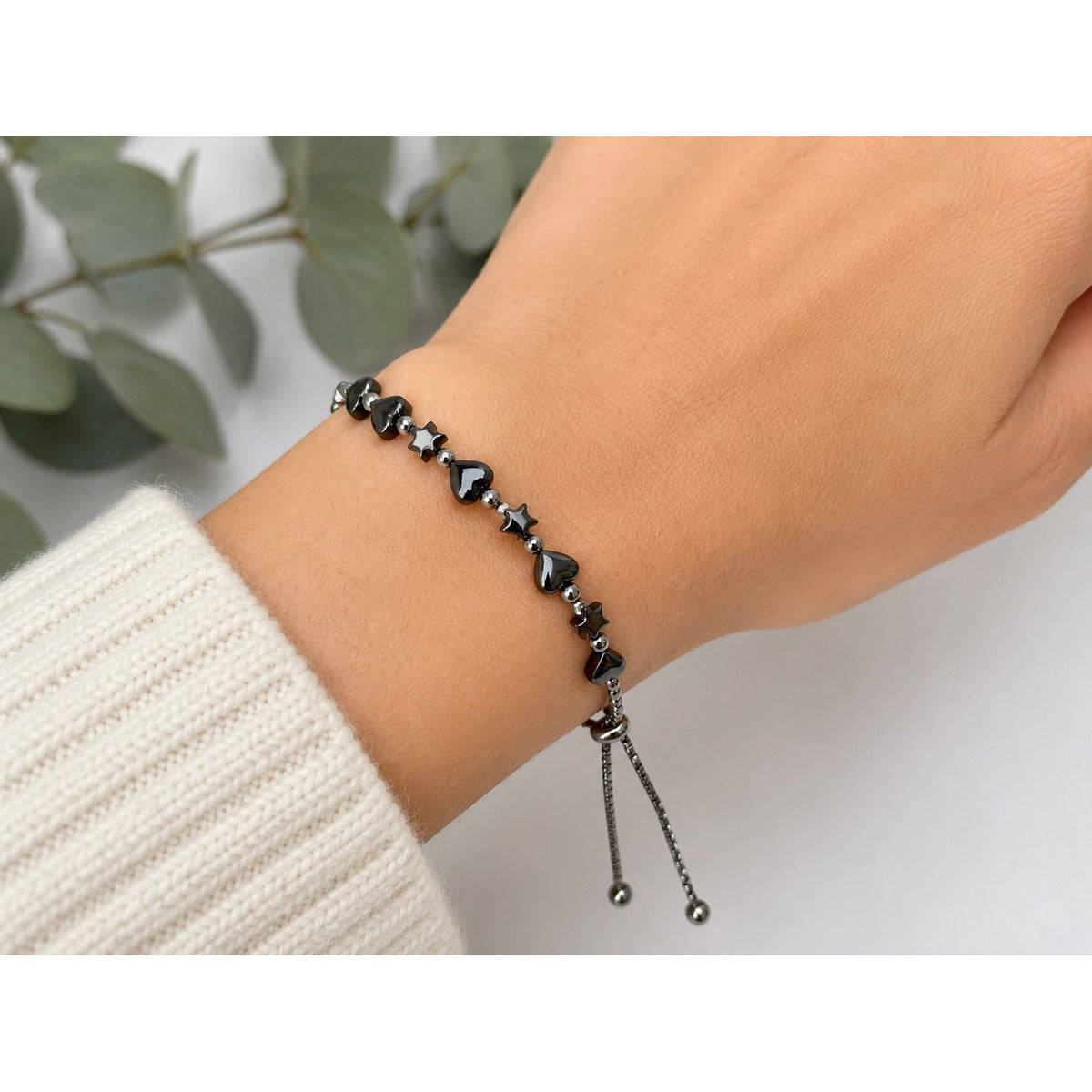 Hematite Heart & Star Beaded Bolo Bracelet Adjustable Gunmetal Silver Tone