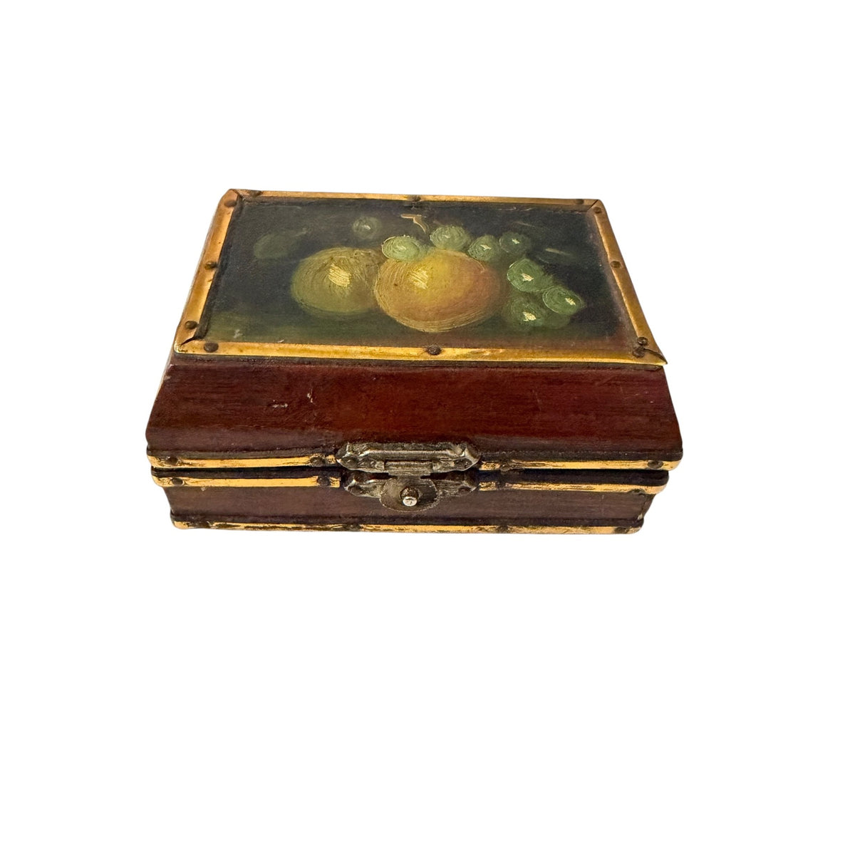 Vintage Hand Painted Fruit Still Life Wood Trinket Jewelry Box Gold Tone Trim 4"