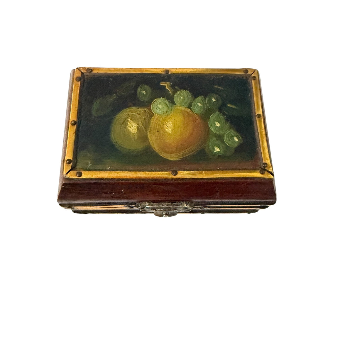 Vintage Hand Painted Fruit Still Life Wood Trinket Jewelry Box Gold Tone Trim 4"