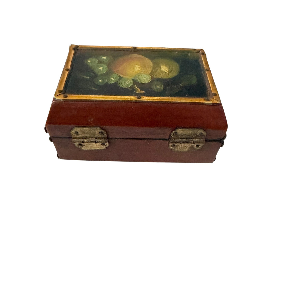 Vintage Hand Painted Fruit Still Life Wood Trinket Jewelry Box Gold Tone Trim 4"