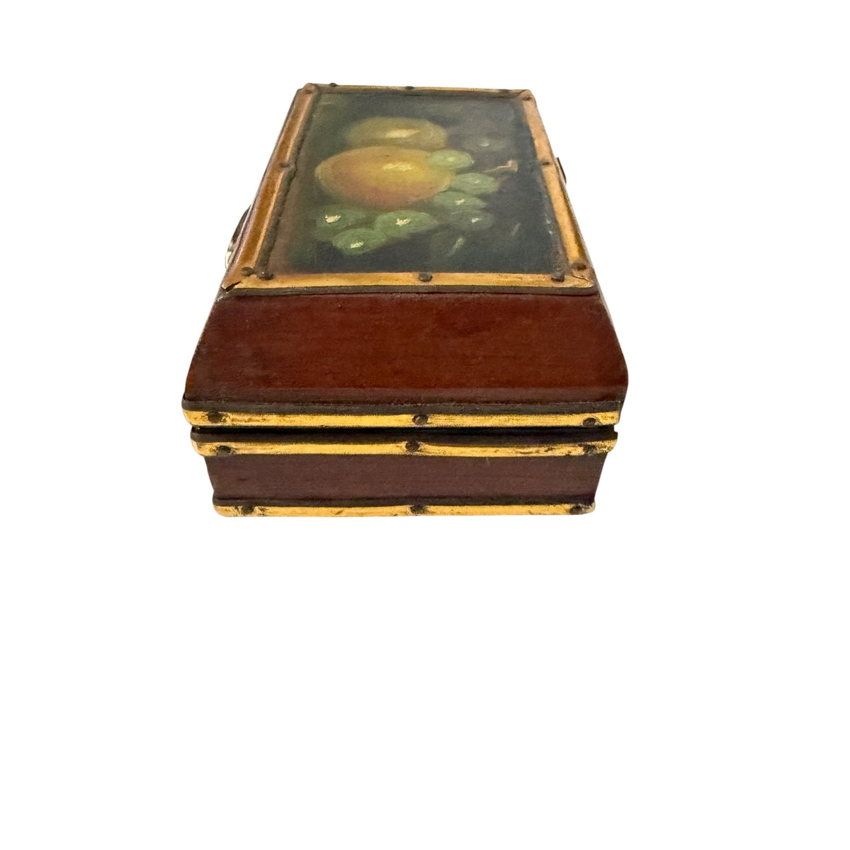 Vintage Hand Painted Fruit Still Life Wood Trinket Jewelry Box Gold Tone Trim 4"
