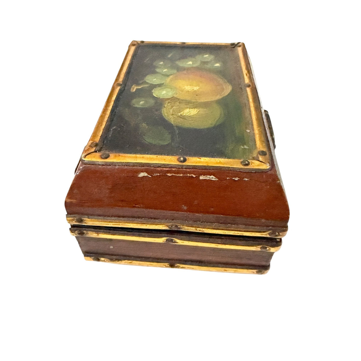 Vintage Hand Painted Fruit Still Life Wood Trinket Jewelry Box Gold Tone Trim 4"