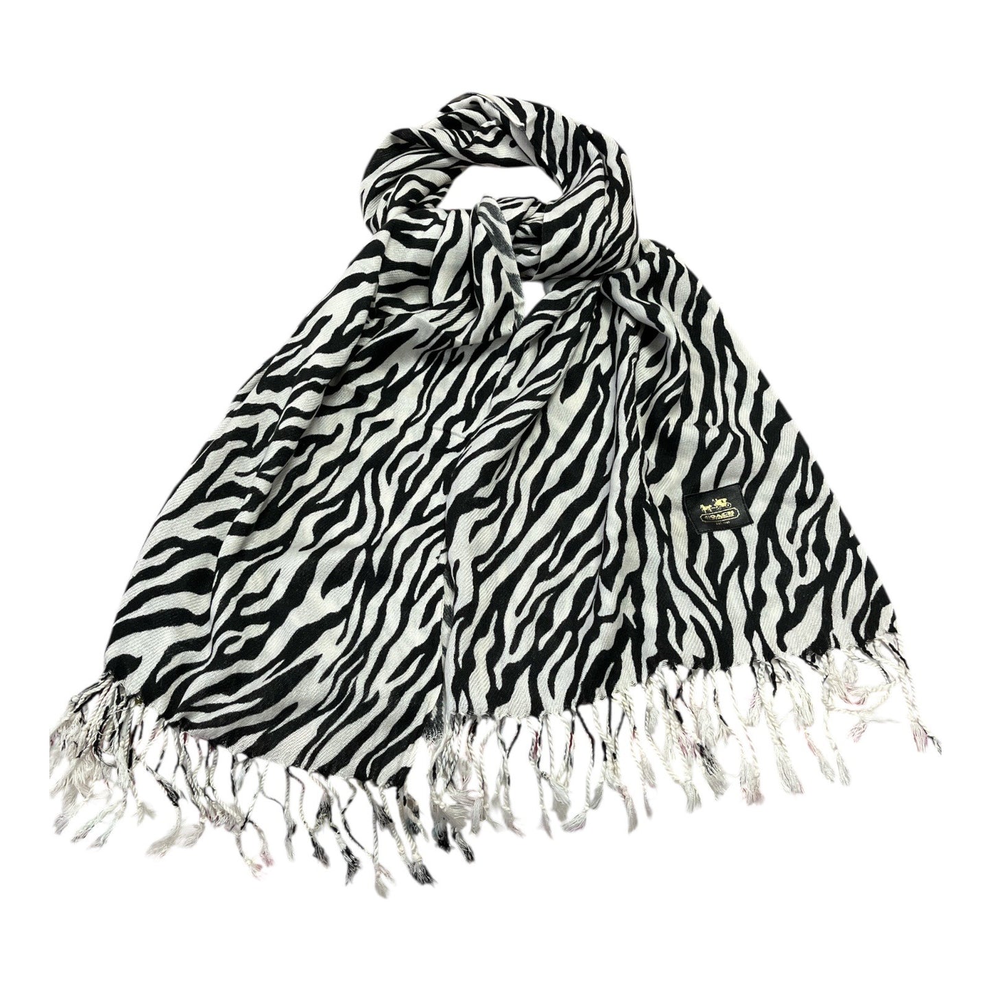 Coach Zebra Print Fringe Scarf – Black & White Animal Print – 74" x 26"