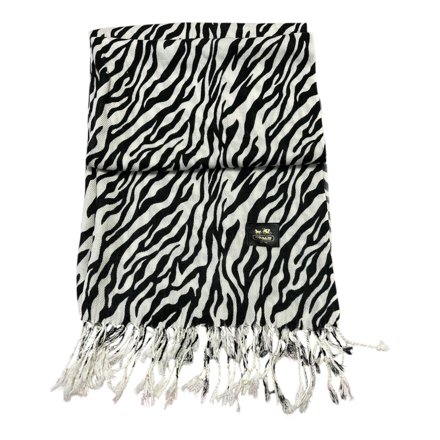 Coach Zebra Print Fringe Scarf – Black & White Animal Print – 74" x 26"