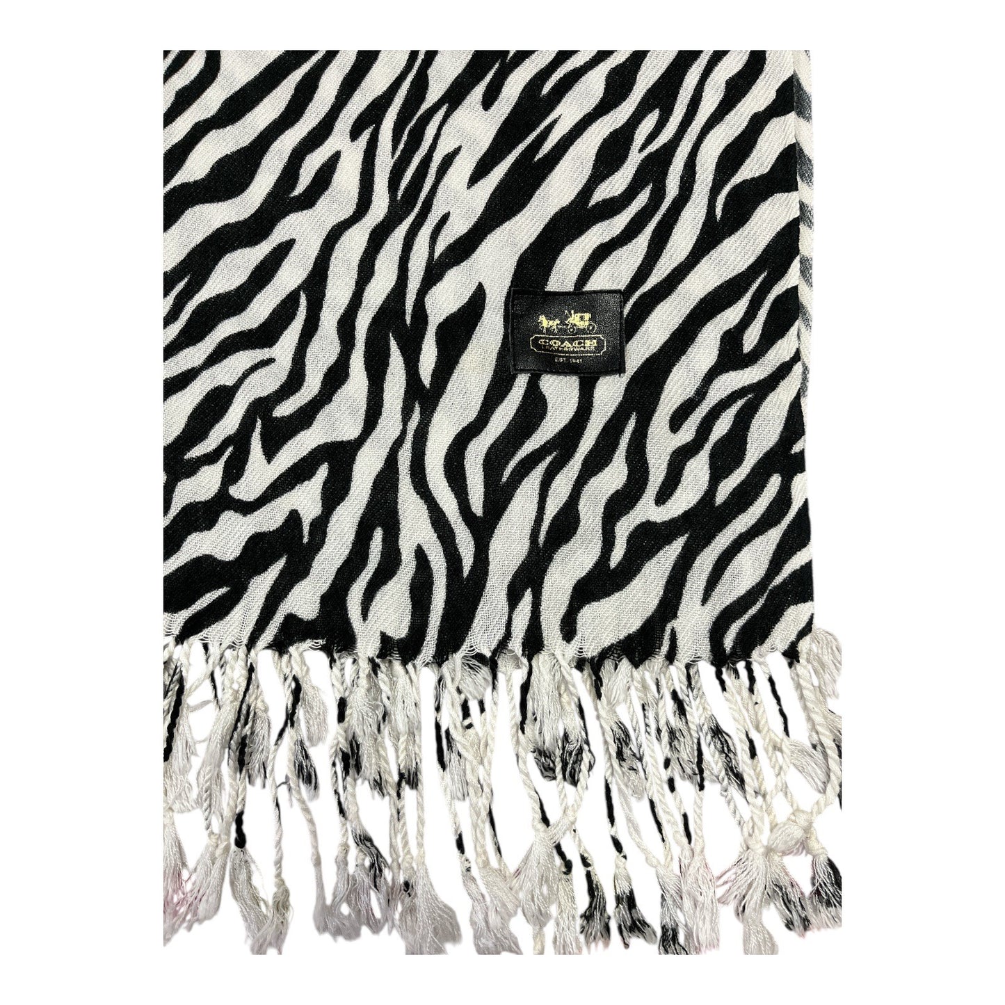 Coach Zebra Print Fringe Scarf – Black & White Animal Print – 74" x 26"