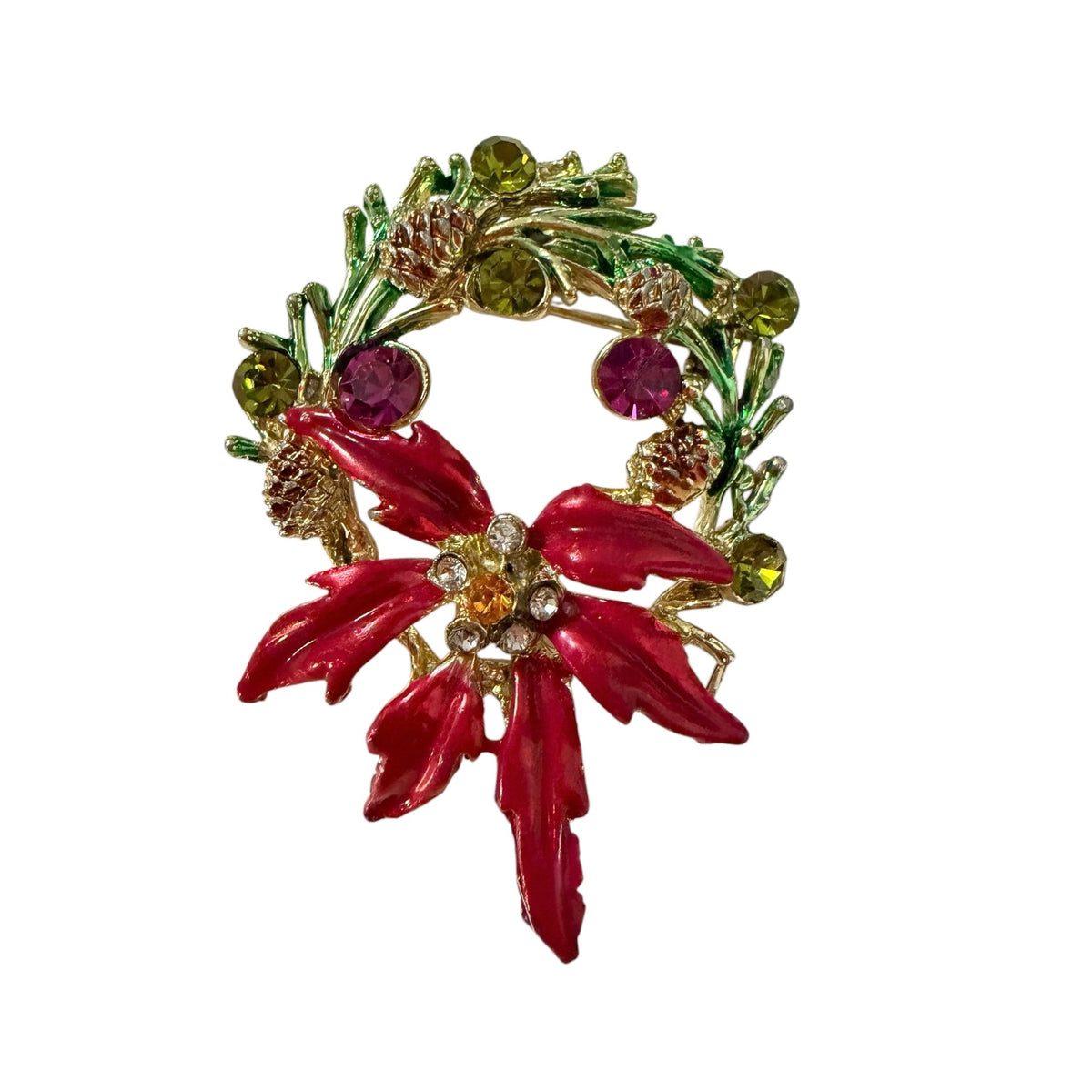 Vintage Christmas Wreath Brooch Red Poinsettia Pinecones Rhinestones 2 Inch