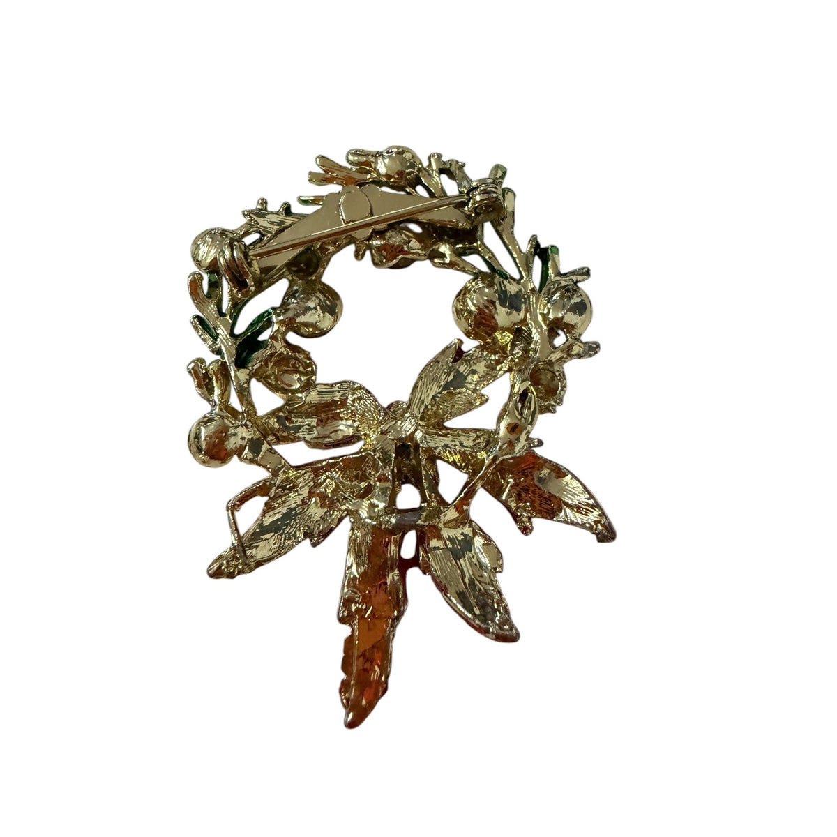 Vintage Christmas Wreath Brooch Red Poinsettia Pinecones Rhinestones 2 Inch