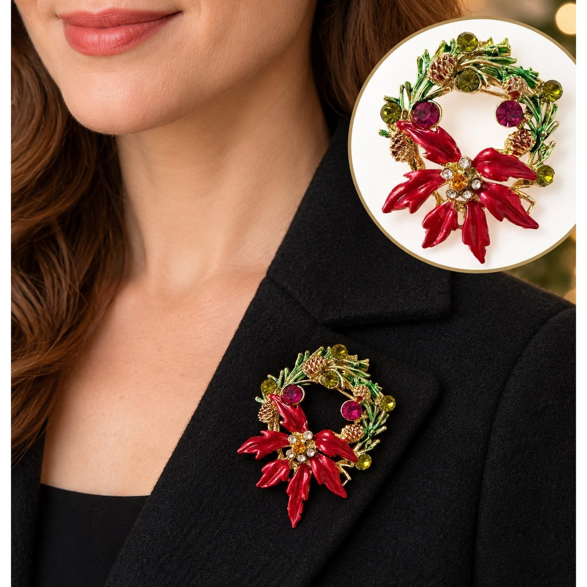 Vintage Christmas Wreath Brooch Red Poinsettia Pinecones Rhinestones 2 Inch