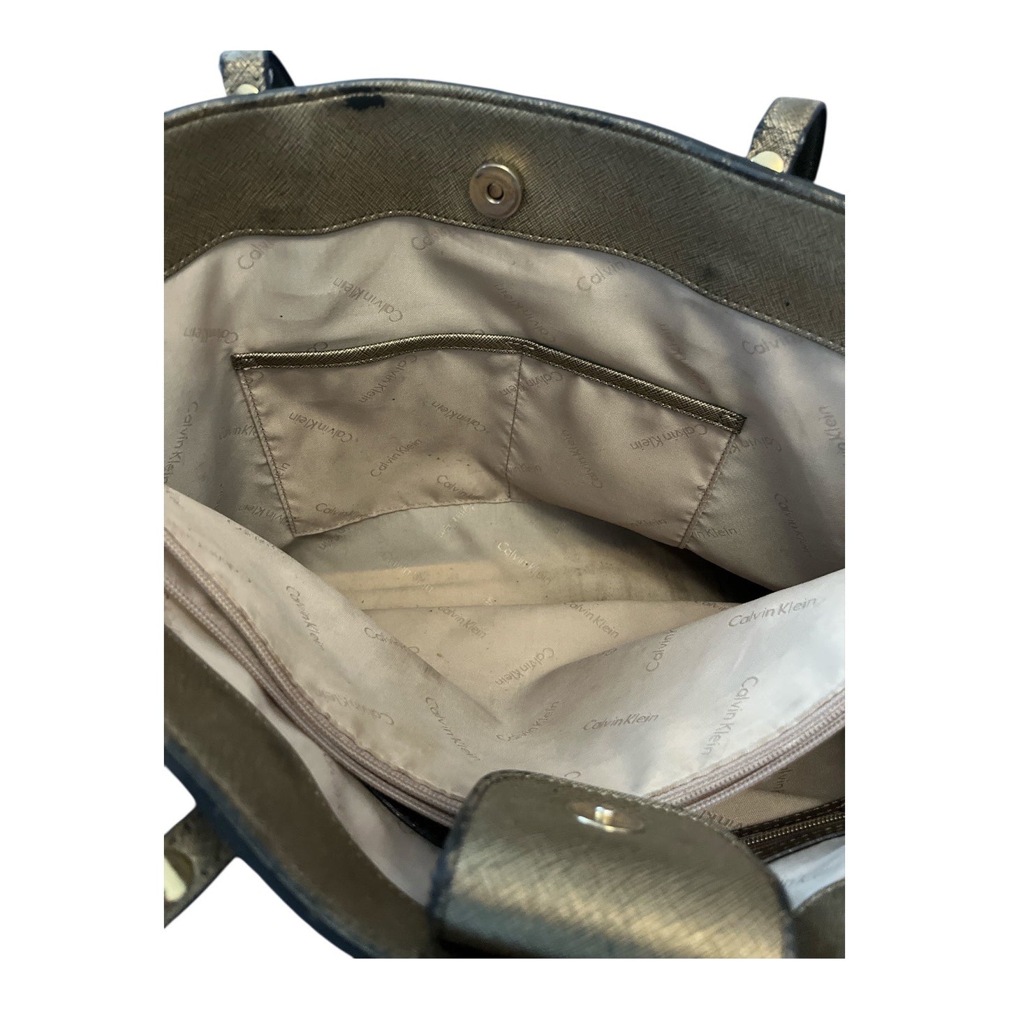 Calvin Klein Metallic Gold Saffiano Leather Tote Bag – 10 x 15 x 4 in – 10” Drop