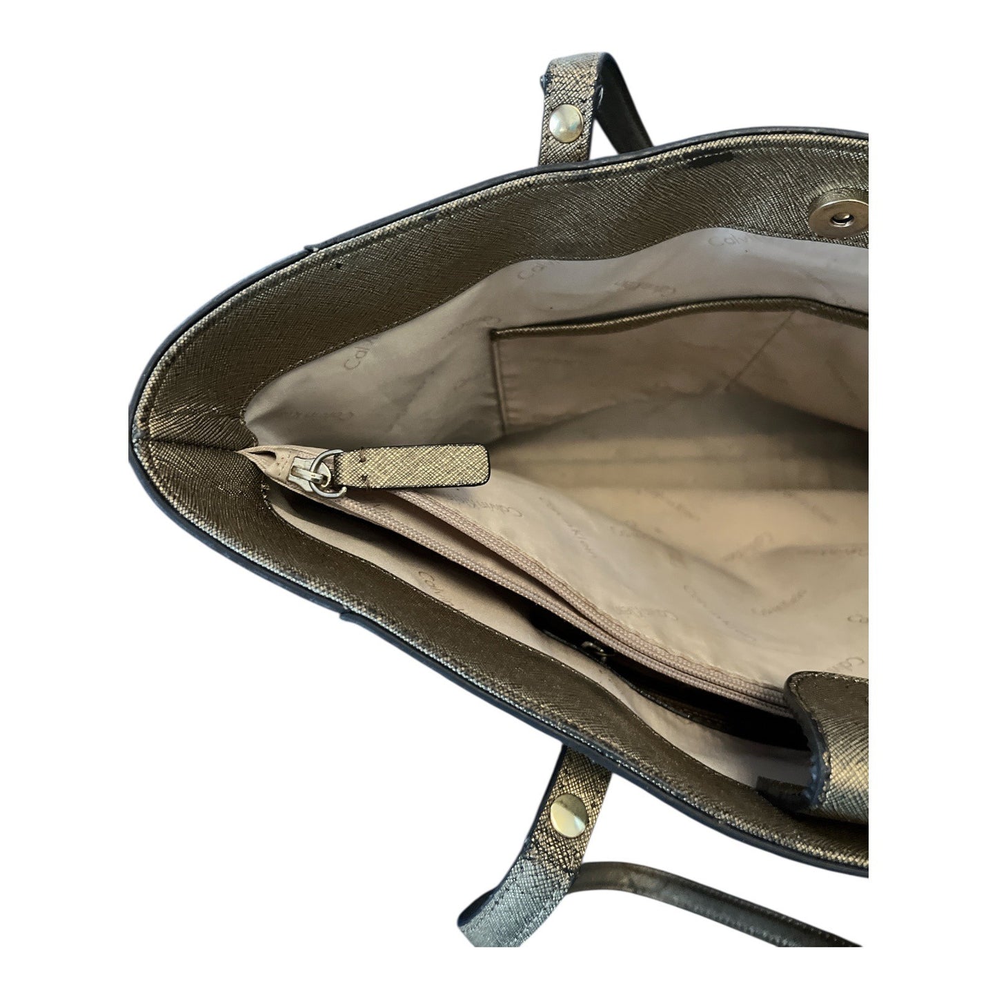 Calvin Klein Metallic Gold Saffiano Leather Tote Bag – 10 x 15 x 4 in – 10” Drop