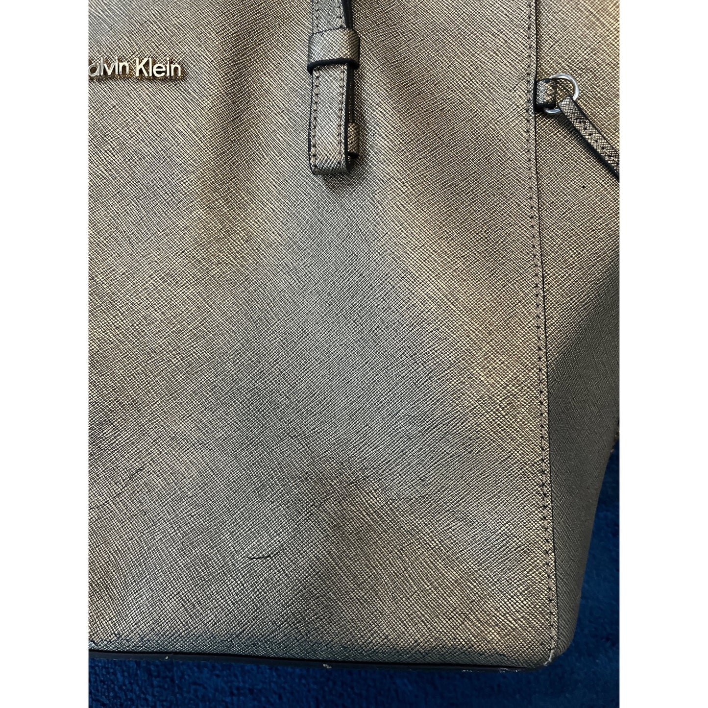 Calvin Klein Metallic Gold Saffiano Leather Tote Bag – 10 x 15 x 4 in – 10” Drop