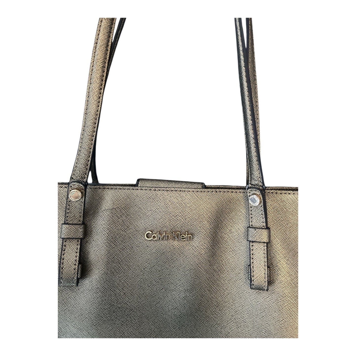 Calvin Klein Metallic Gold Saffiano Leather Tote Bag – 10 x 15 x 4 in – 10” Drop