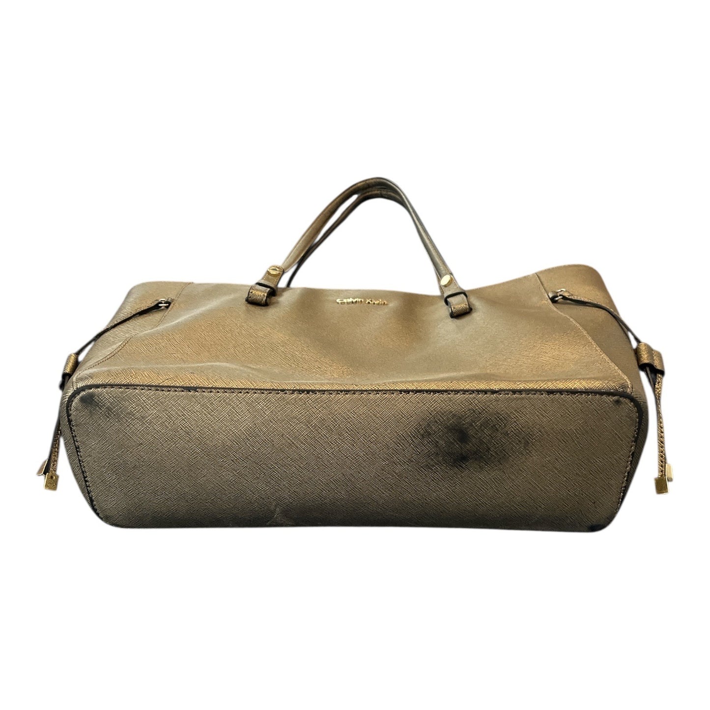 Calvin Klein Metallic Gold Saffiano Leather Tote Bag – 10 x 15 x 4 in – 10” Drop