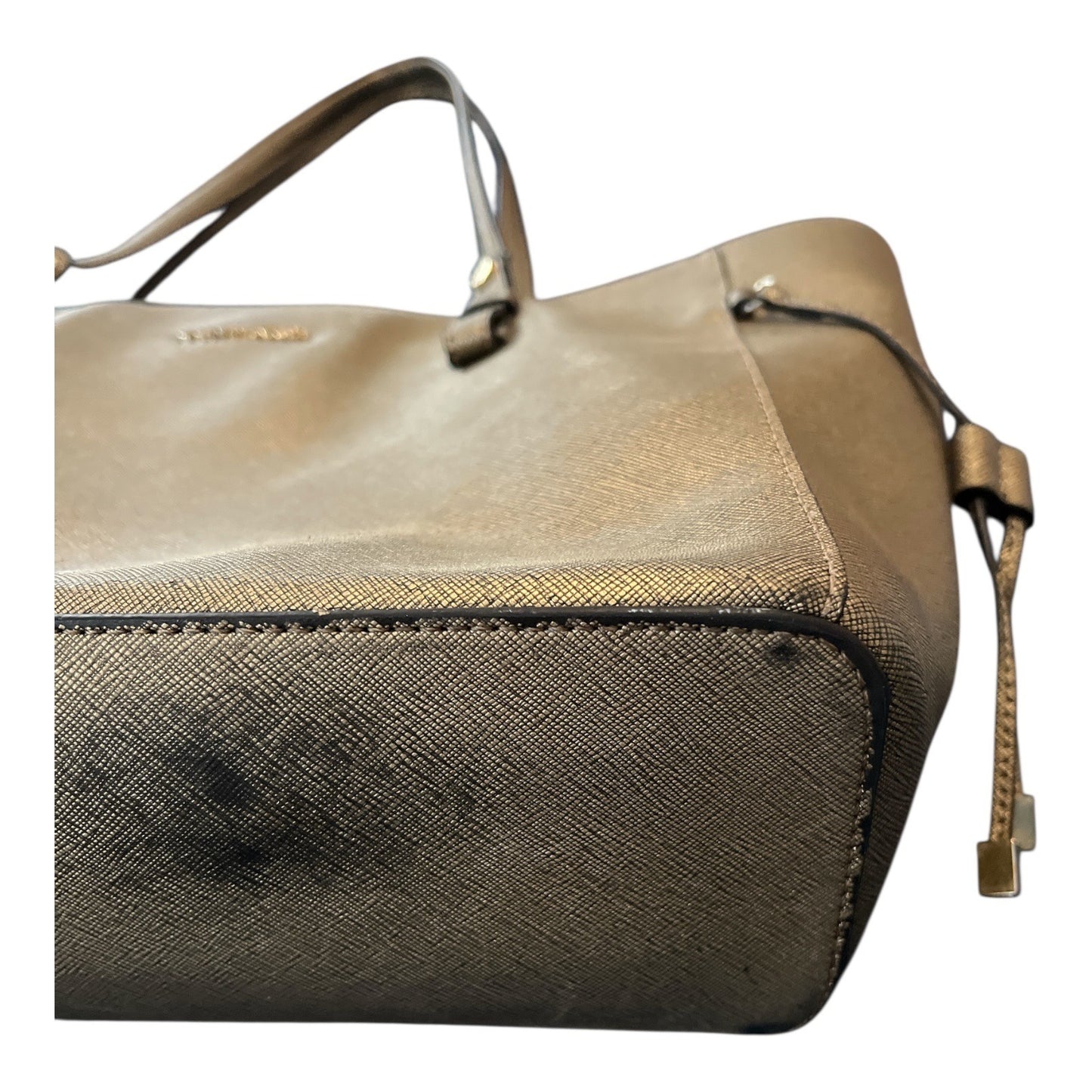 Calvin Klein Metallic Gold Saffiano Leather Tote Bag – 10 x 15 x 4 in – 10” Drop