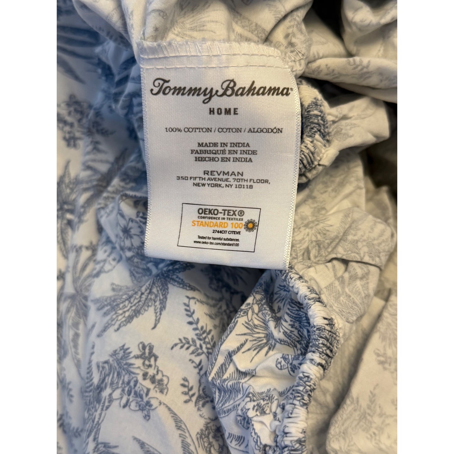 Tommy Bahama Home Queen Flat Fitted Sheet Standard Sham 20x26 Blue White Tropical Cotton