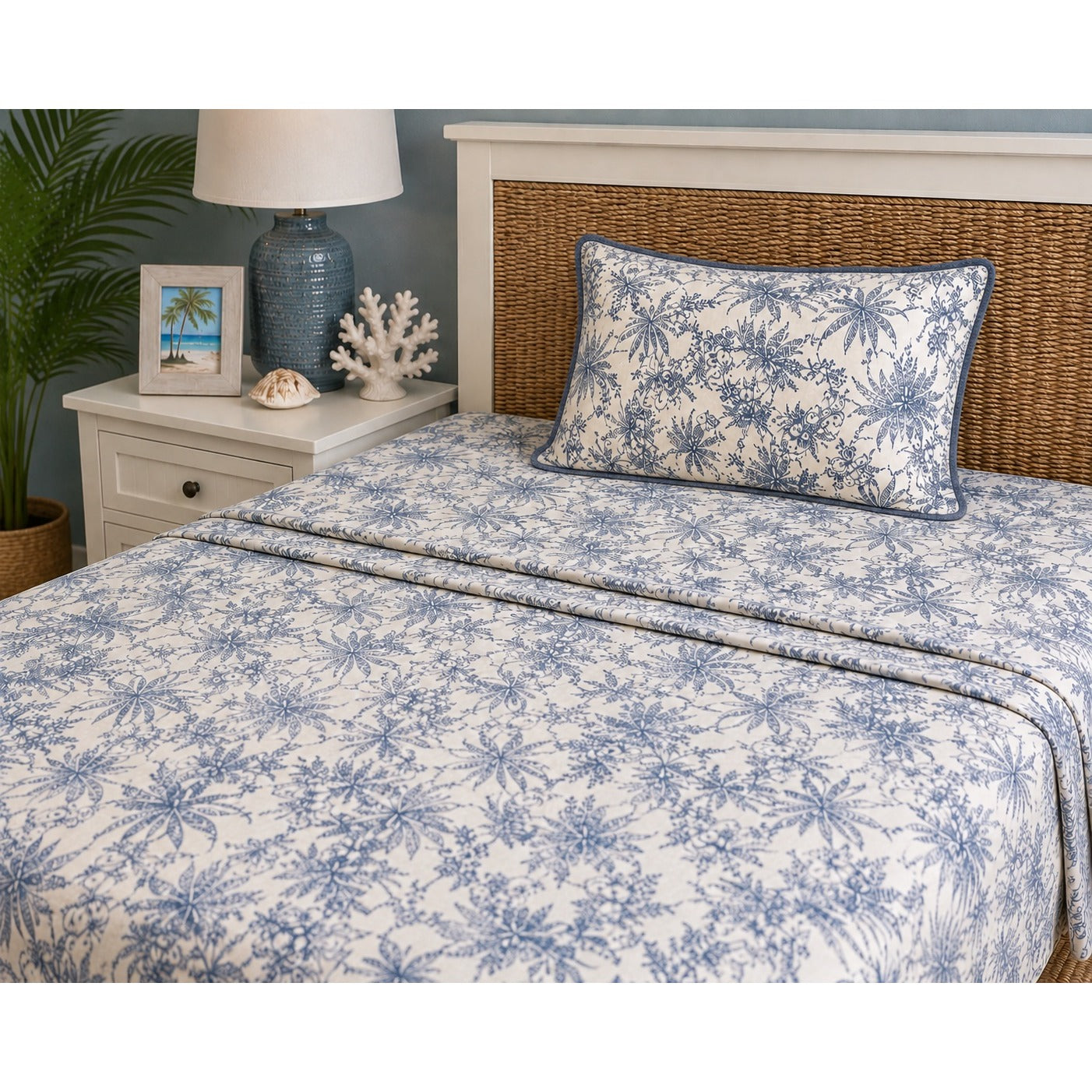 Tommy Bahama Home Queen Flat Fitted Sheet Standard Sham 20x26 Blue White Tropical Cotton