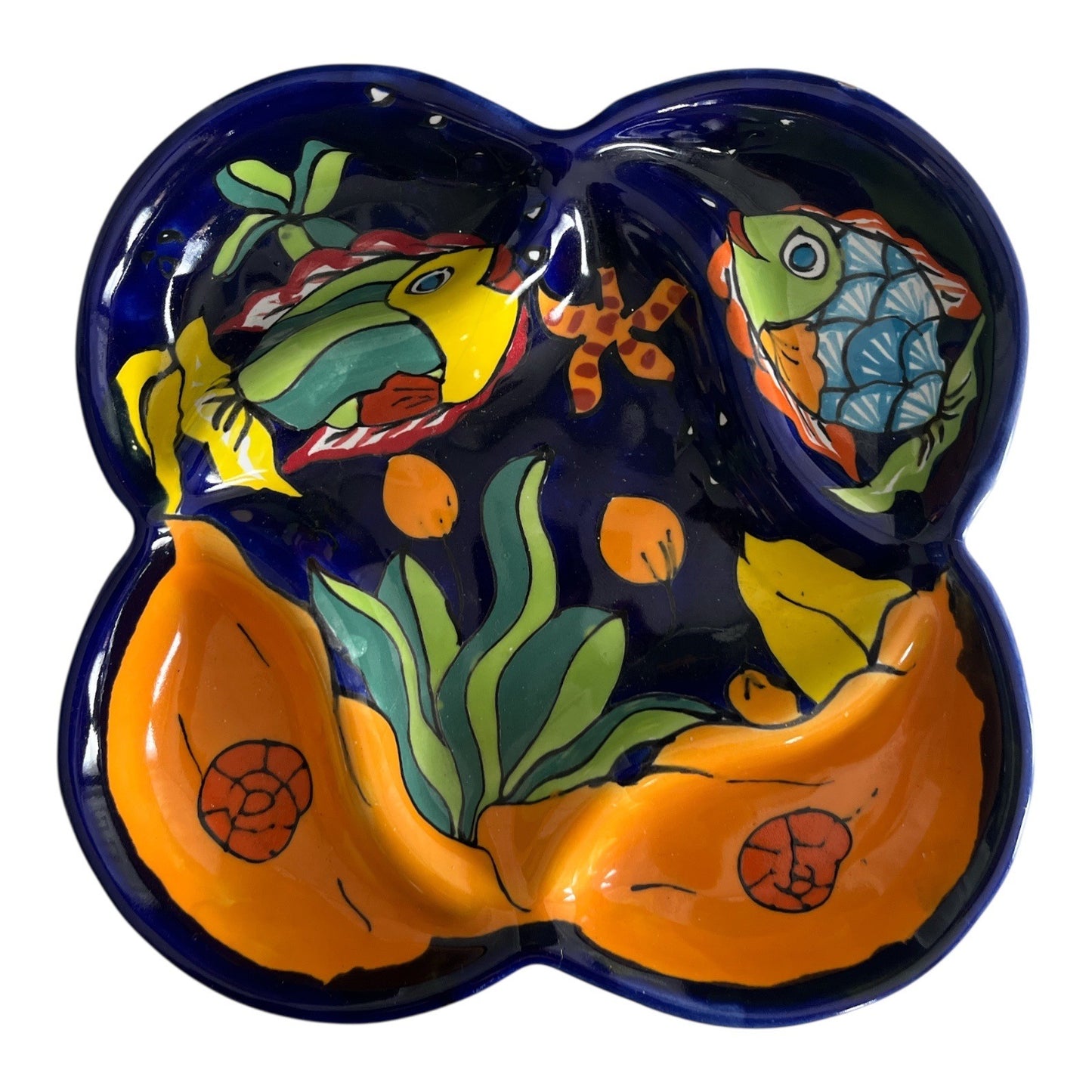 VTG Hand Painted Mexican Talavera Style Divided Dish 10” Ceramic Floral Fish Design Lead Free