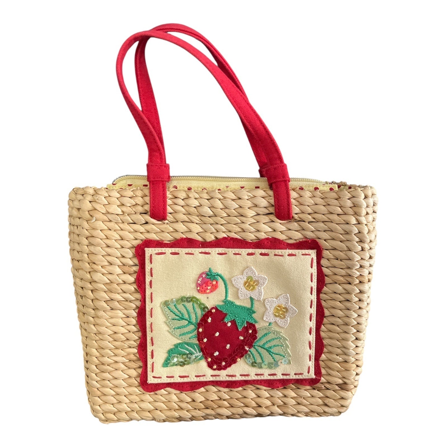 Vtg Straw Cornhusk Tote Bag – Red Strawberry Appliqué – Polka Dot Lining - READ