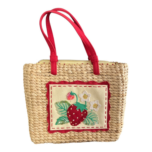 Vtg Straw Cornhusk Tote Bag – Red Strawberry Appliqué – Polka Dot Lining - READ