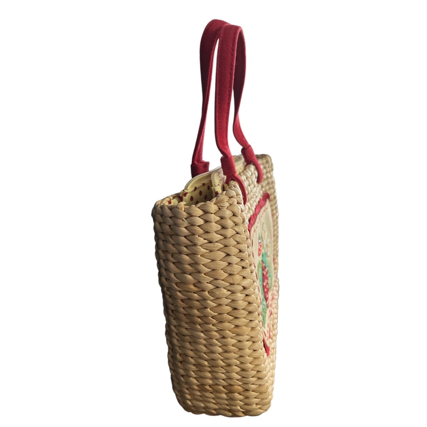 Vtg Straw Cornhusk Tote Bag – Red Strawberry Appliqué – Polka Dot Lining - READ