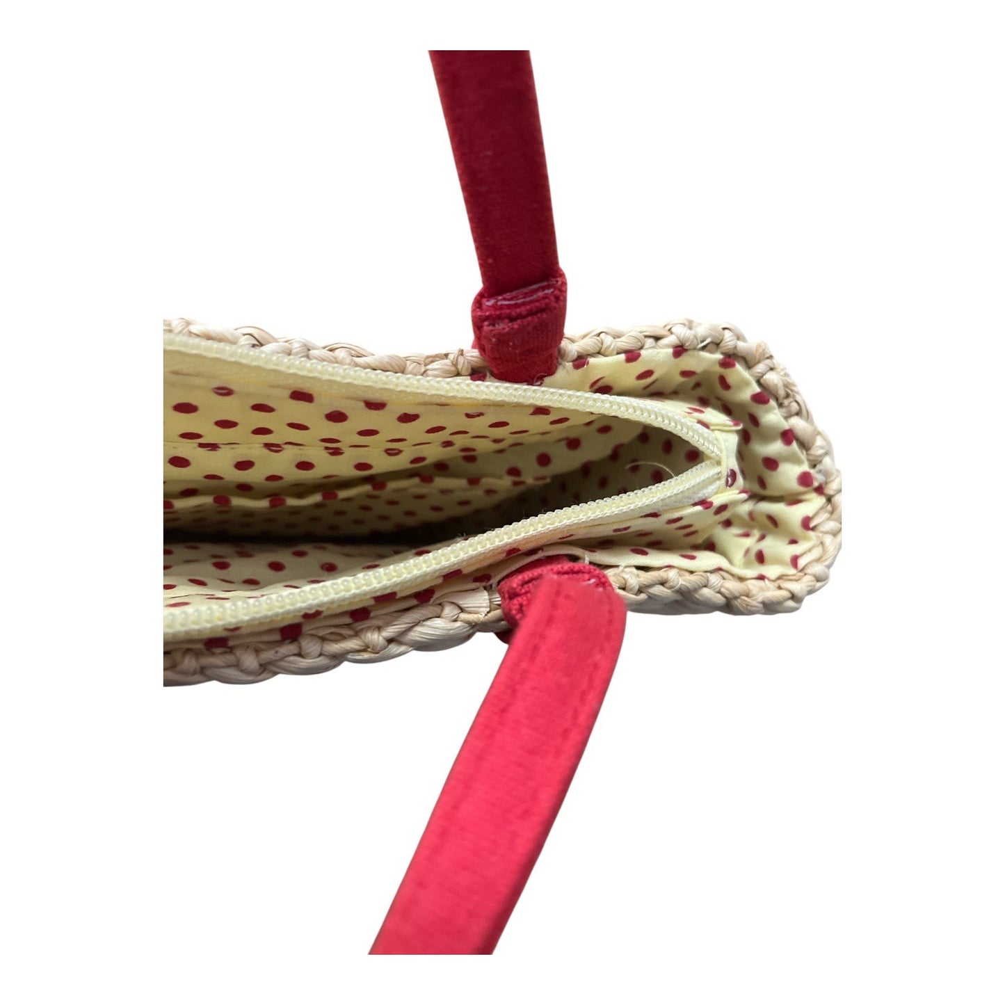 Vtg Straw Cornhusk Tote Bag – Red Strawberry Appliqué – Polka Dot Lining - READ