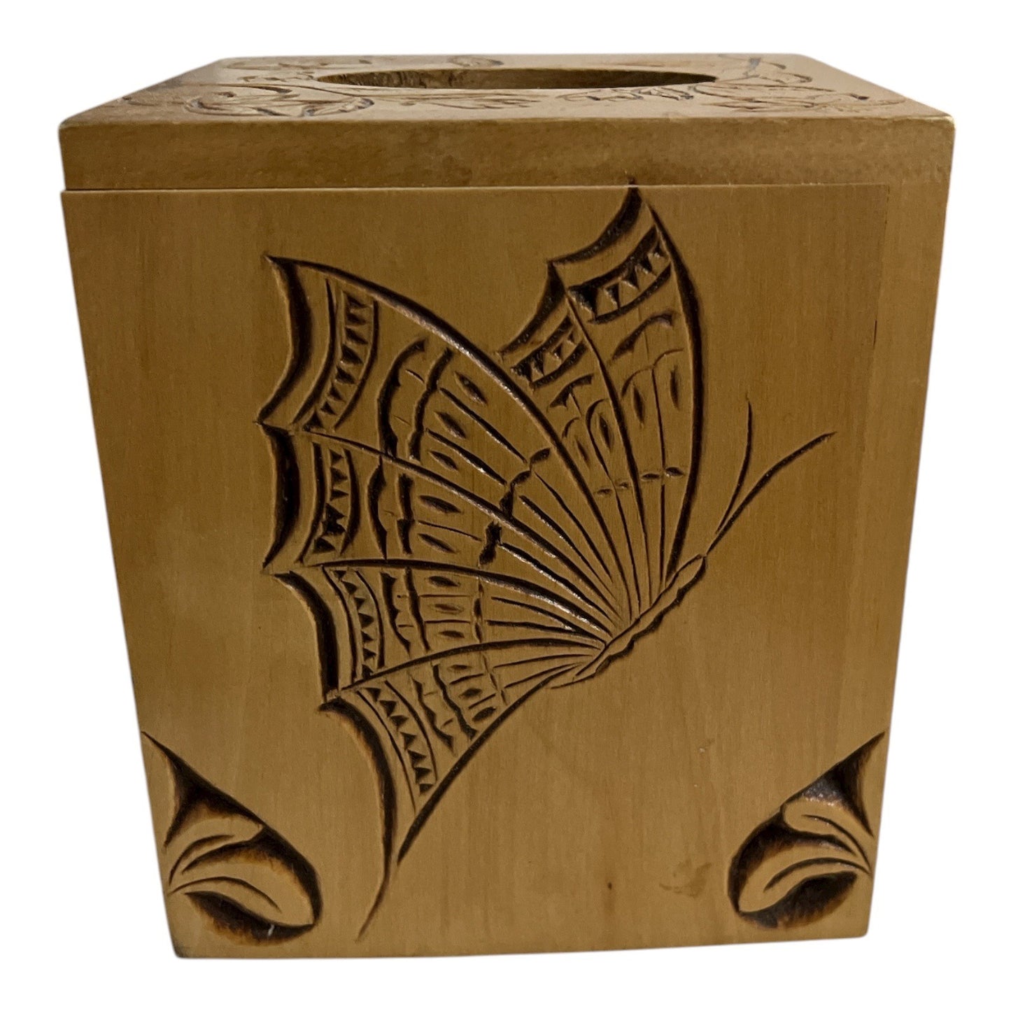 Vtg Hand-Carved Wooden Tissue Box Cover – Butterfly & Floral Design