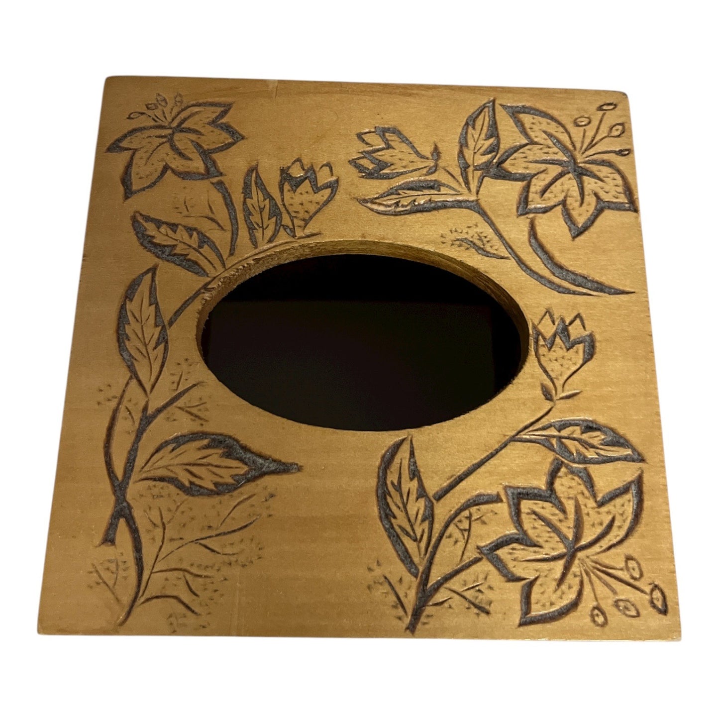 Vtg Hand-Carved Wooden Tissue Box Cover – Butterfly & Floral Design
