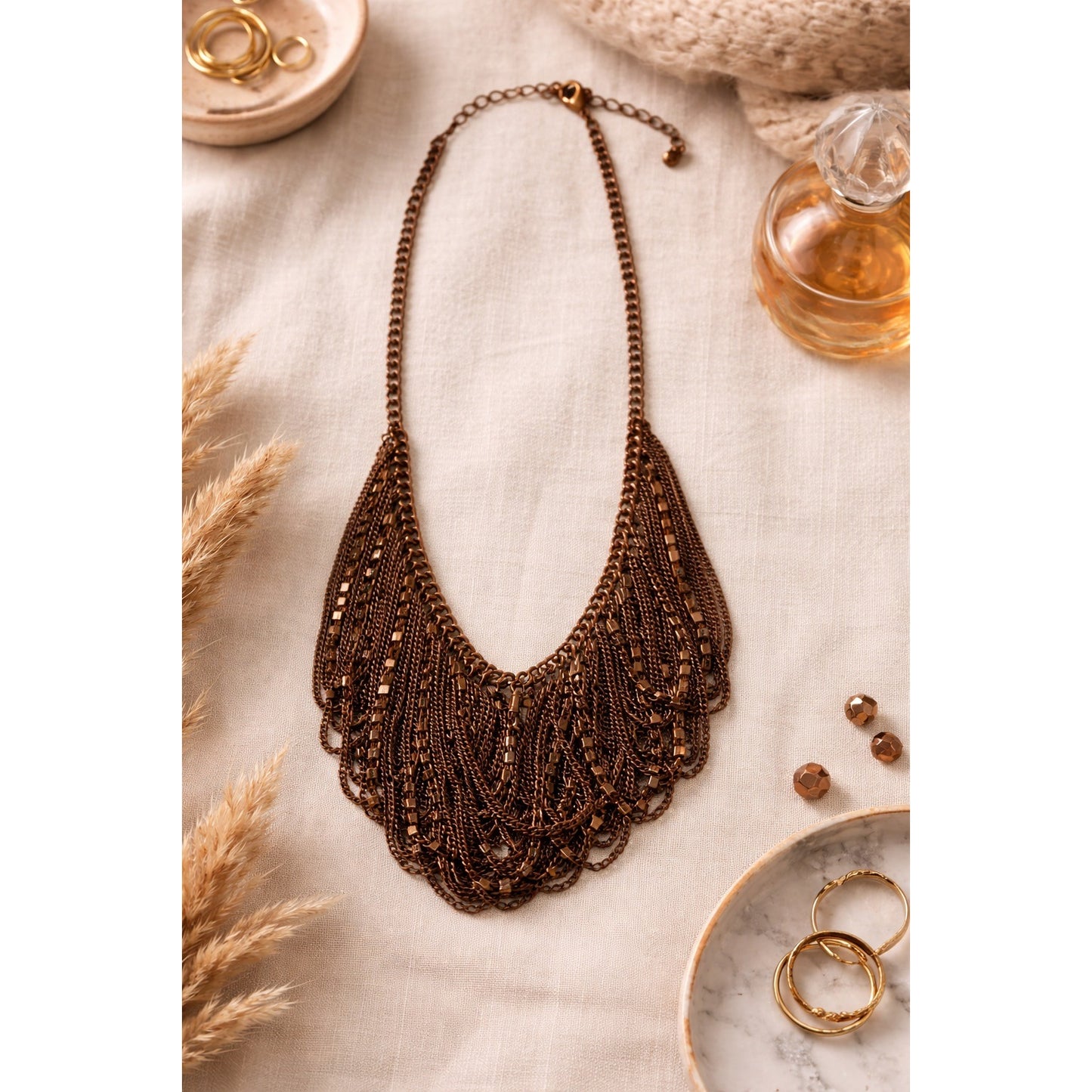 Statement Multi Strand Necklace Dark Copper Bronze Beaded Fringe Bib 18”