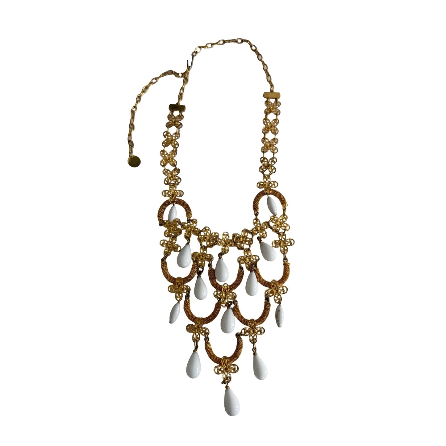 Vintage Gold Tone Filigree Bib Necklace White Teardrop Dangles Statement Necklace