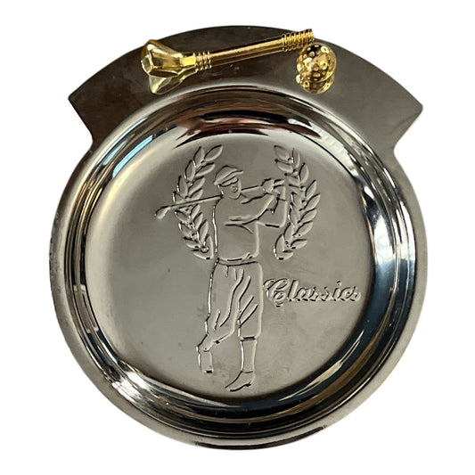Vintage Golf-Themed Trinket Tray – “Classics” – Chrome Metal with Golf Tee & Ball – Made in Taiwan – 5”