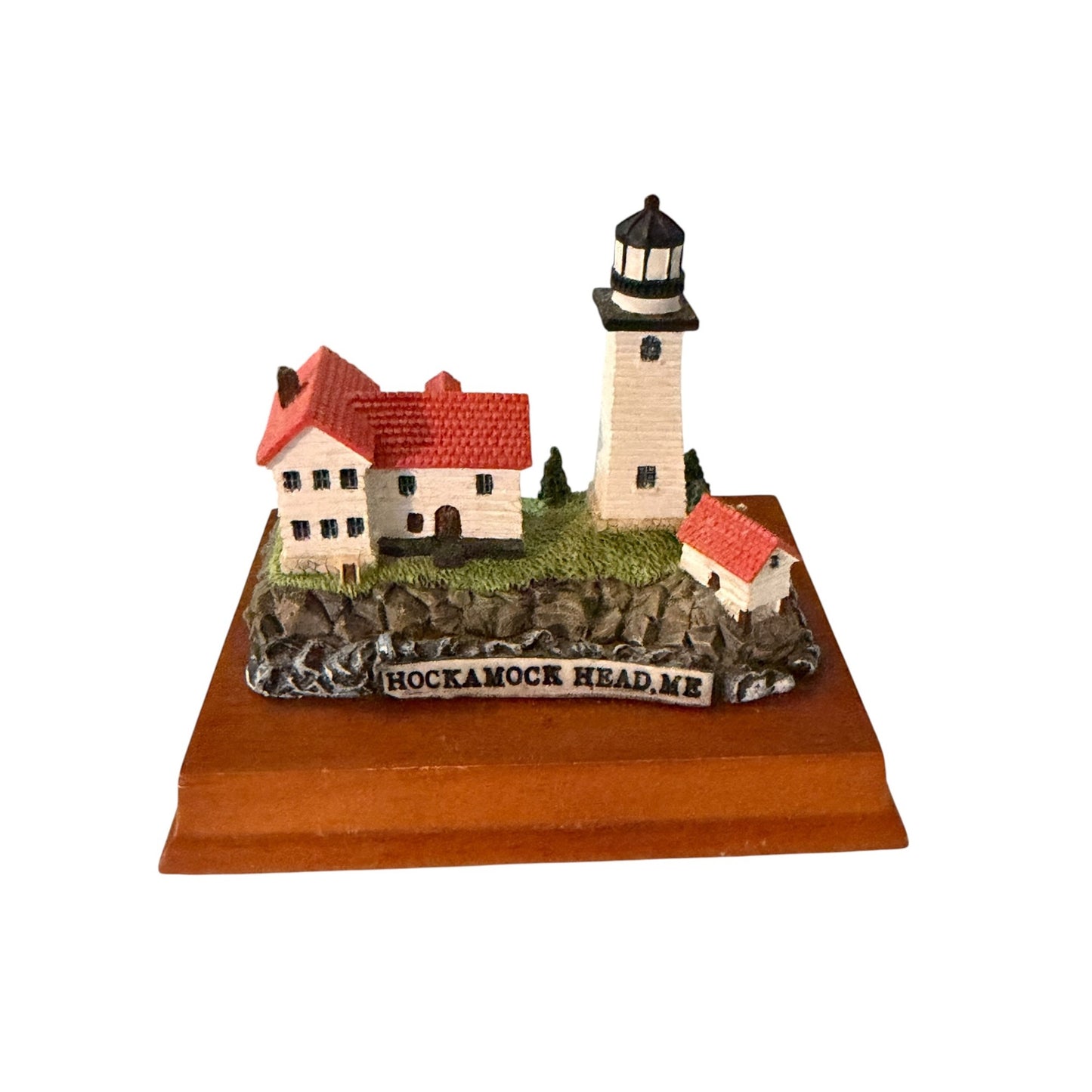 Vintage Hockamock Head Maine Lighthouse Miniature Figurine on Wood Base