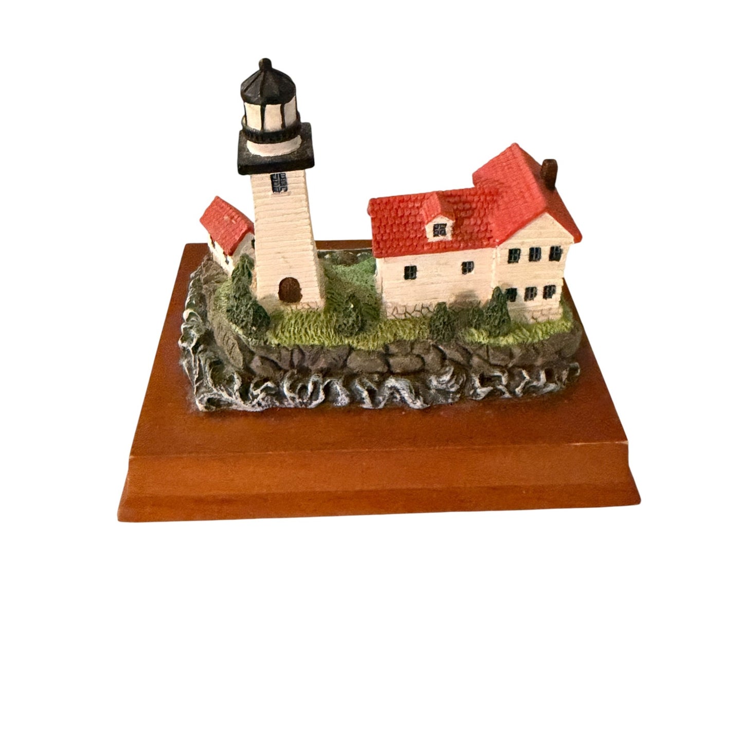 Vintage Hockamock Head Maine Lighthouse Miniature Figurine on Wood Base