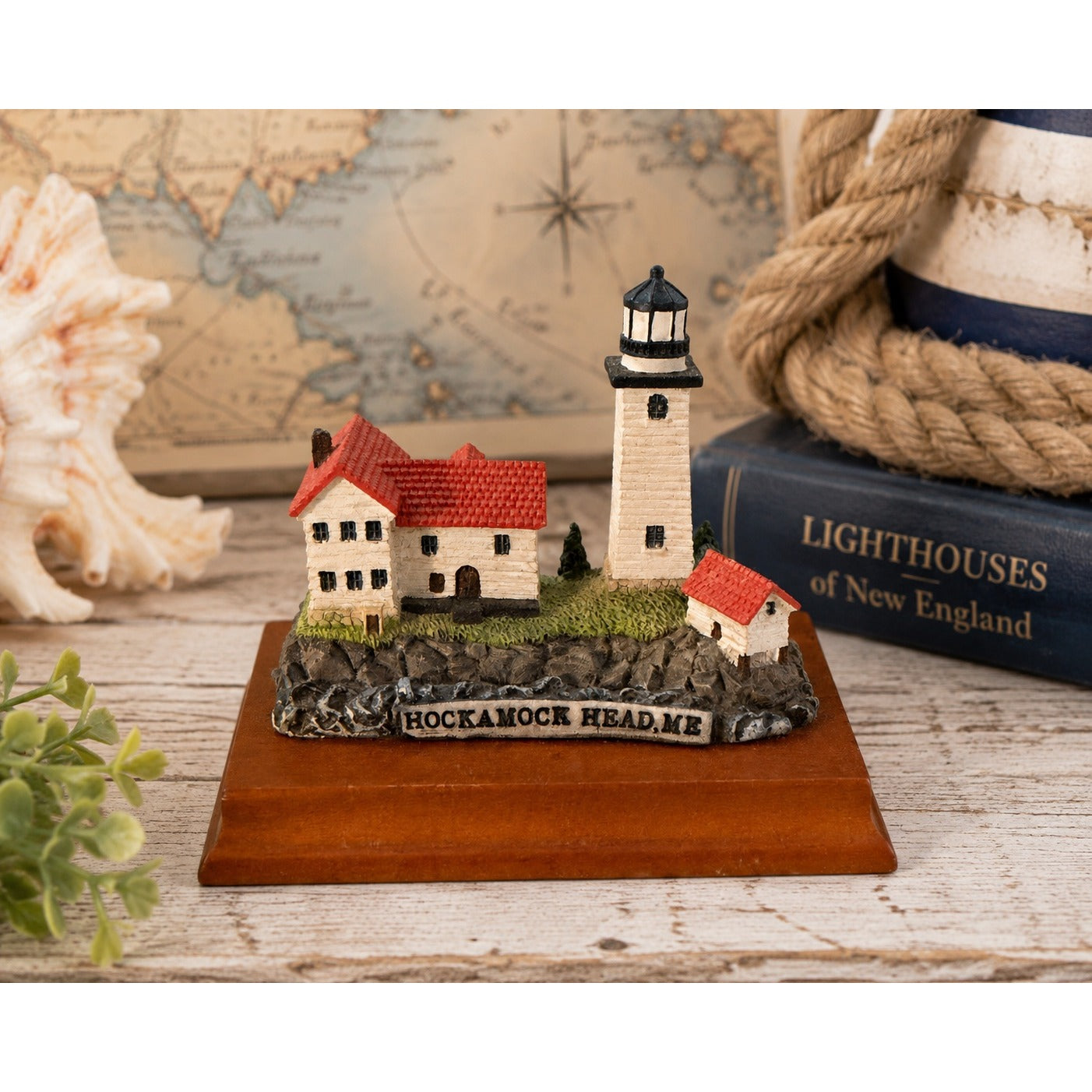 Vintage Hockamock Head Maine Lighthouse Miniature Figurine on Wood Base