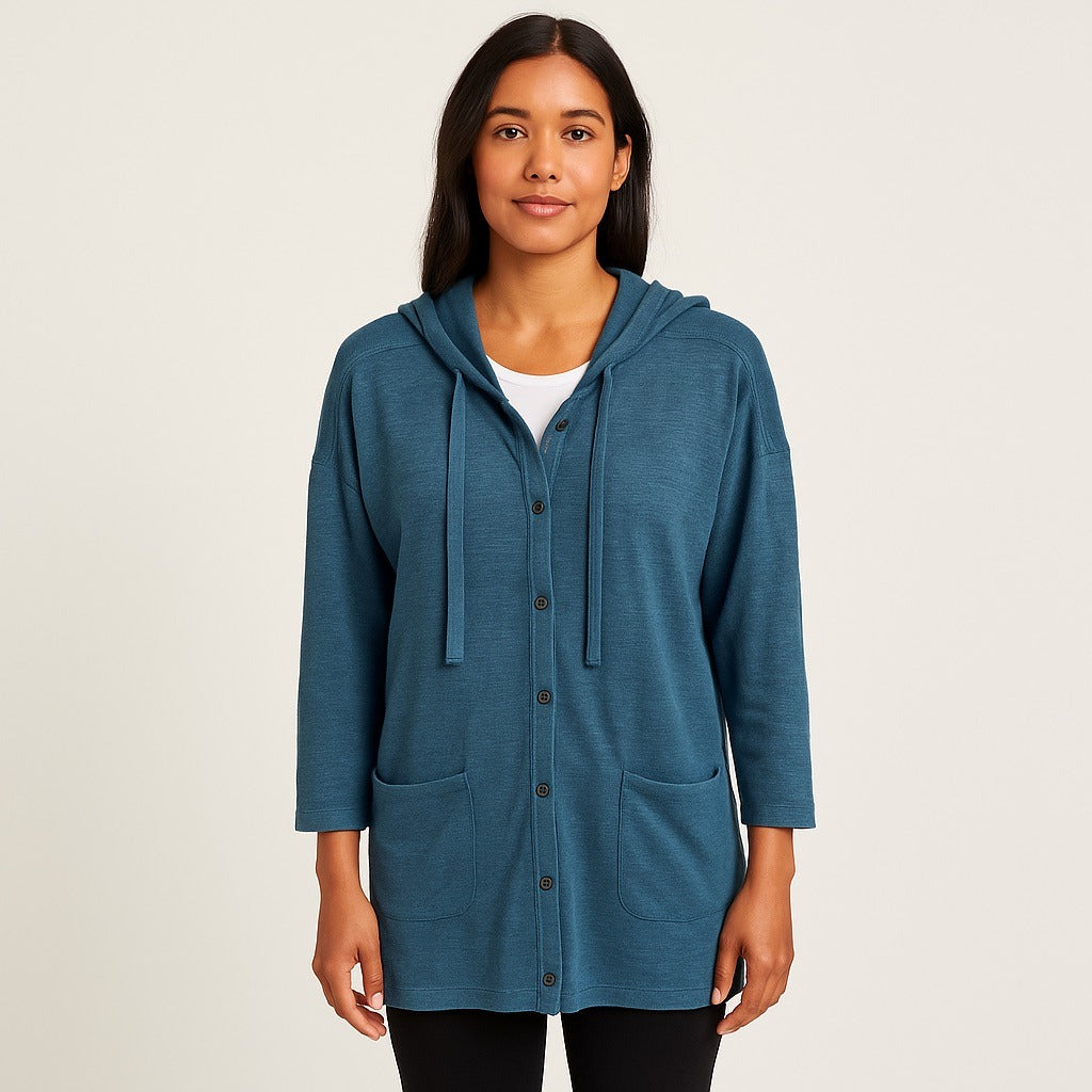 Wrap London Women’s Size US 4/6 Teal 100% Linen Hooded Button Front Cardigan
