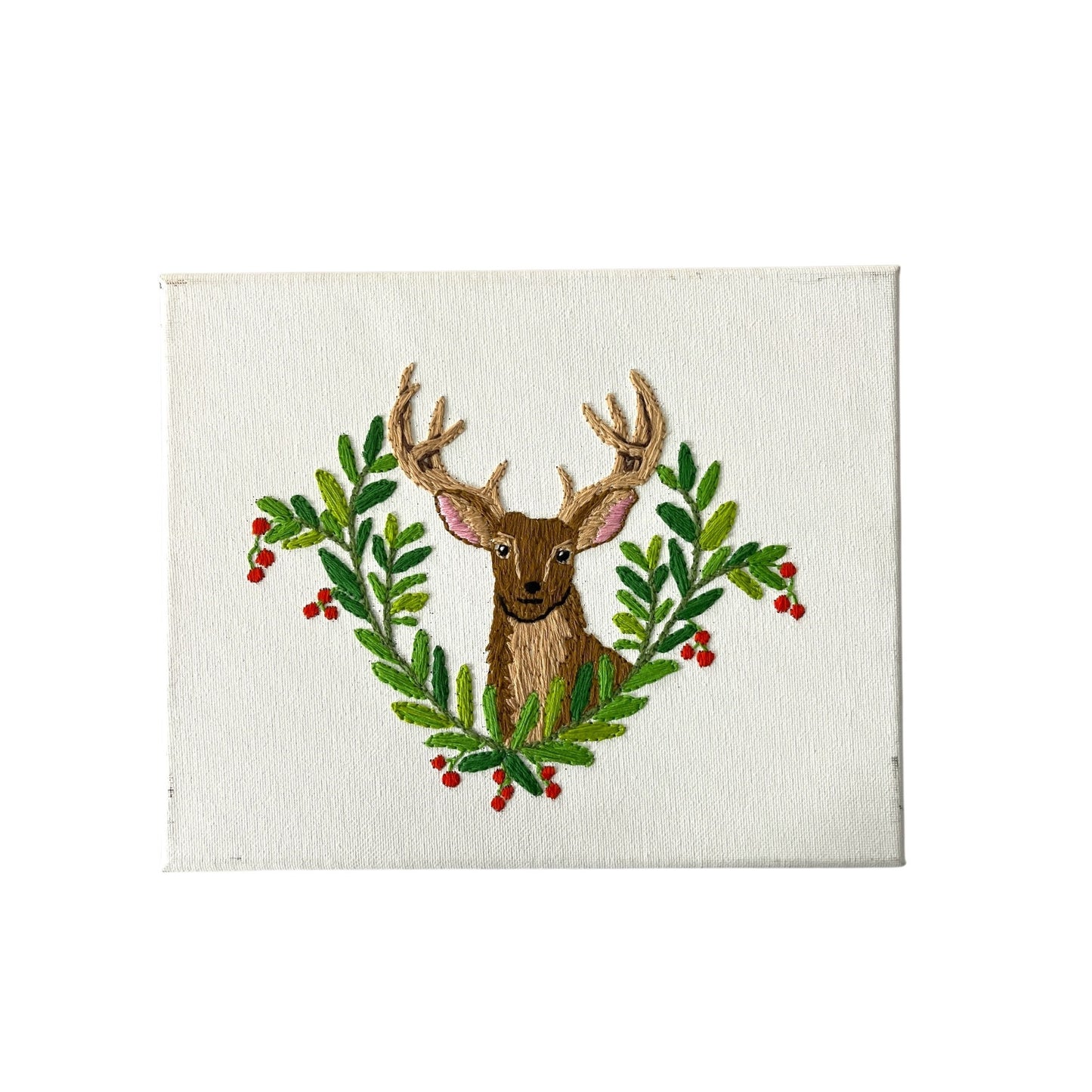 Hand Embroidered Woodland Animal Canvas Art Set Deer Dog Nature Folk Art 8x10