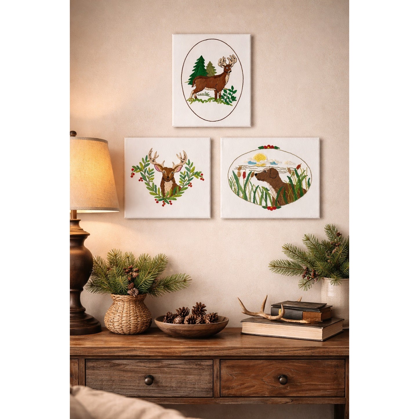 Hand Embroidered Woodland Animal Canvas Art Set Deer Dog Nature Folk Art 8x10