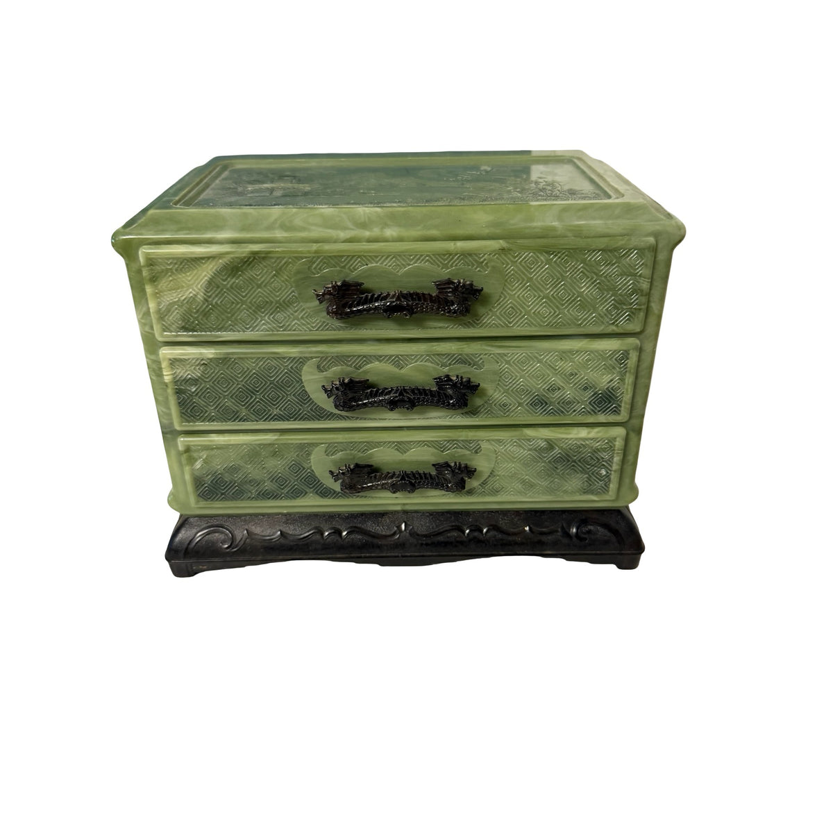 Vintage Faux Jade Green Plastic Jewelry Box 3 Drawer Dragon Chinoiserie